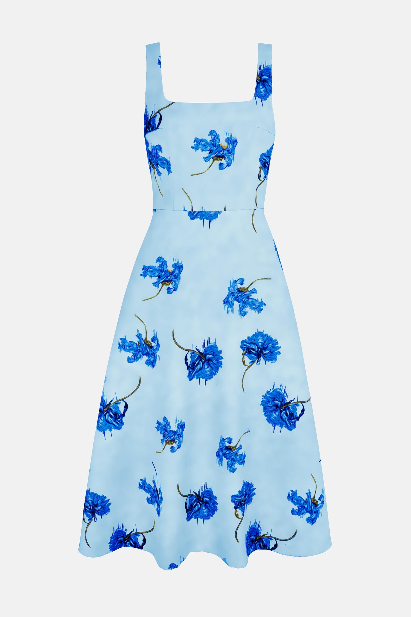 Shiloh Dress in Genzianella Blue Flowers on Duck Egg Blue