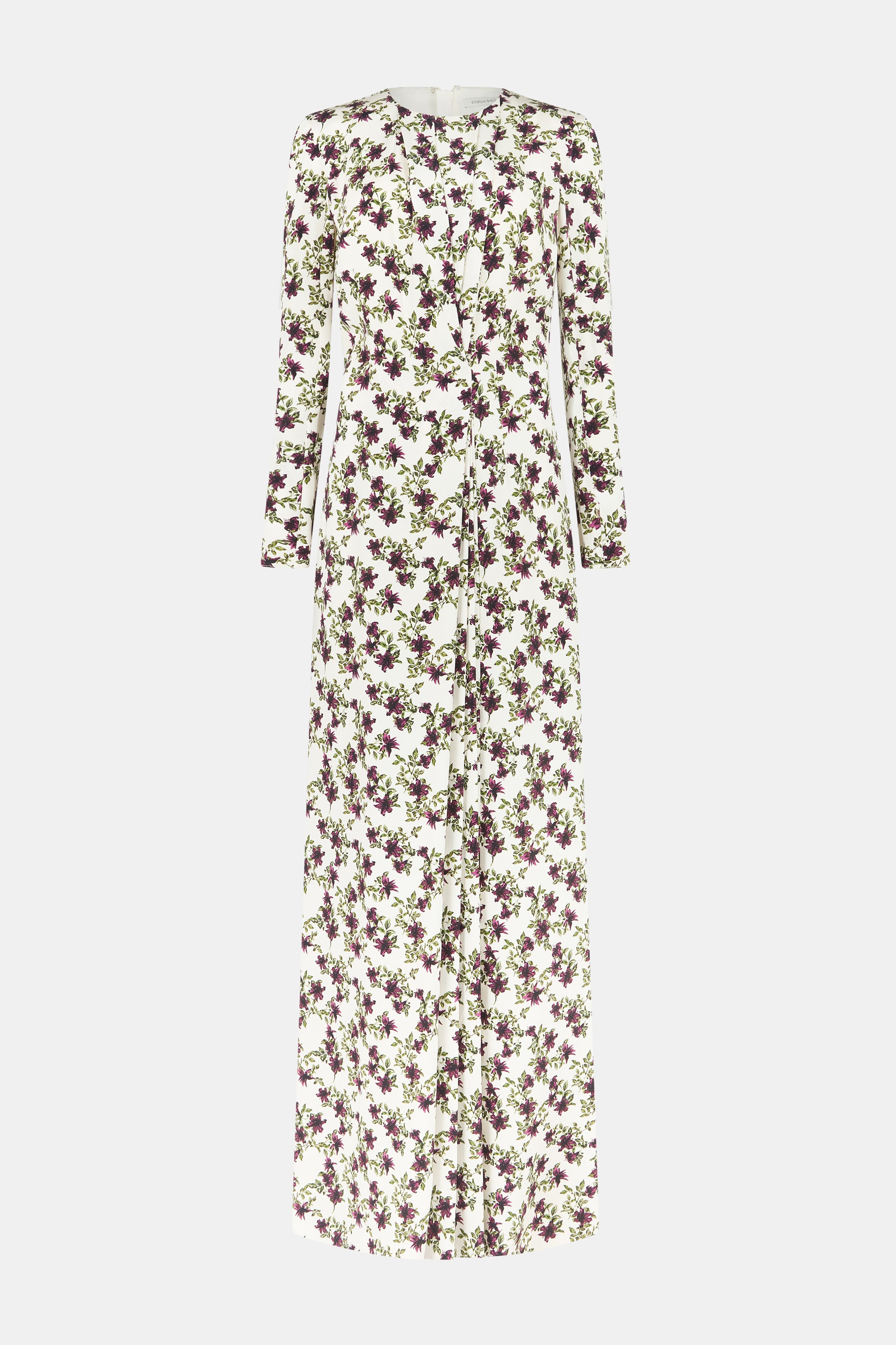 Silverio Dress In Purple & Olive Lillies On Ivory Silk Crepe De Chine