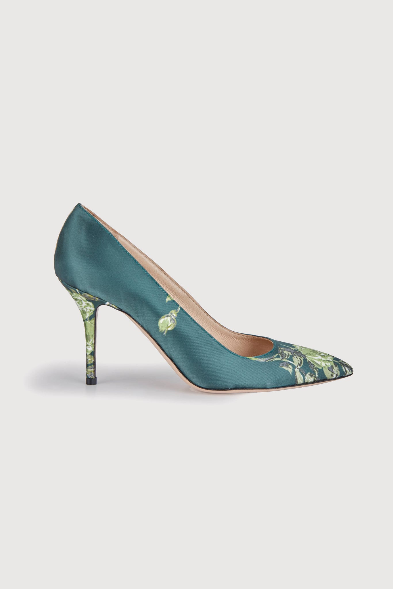 Sophia Heeled Shoes in Emerald Floral Printed Satin