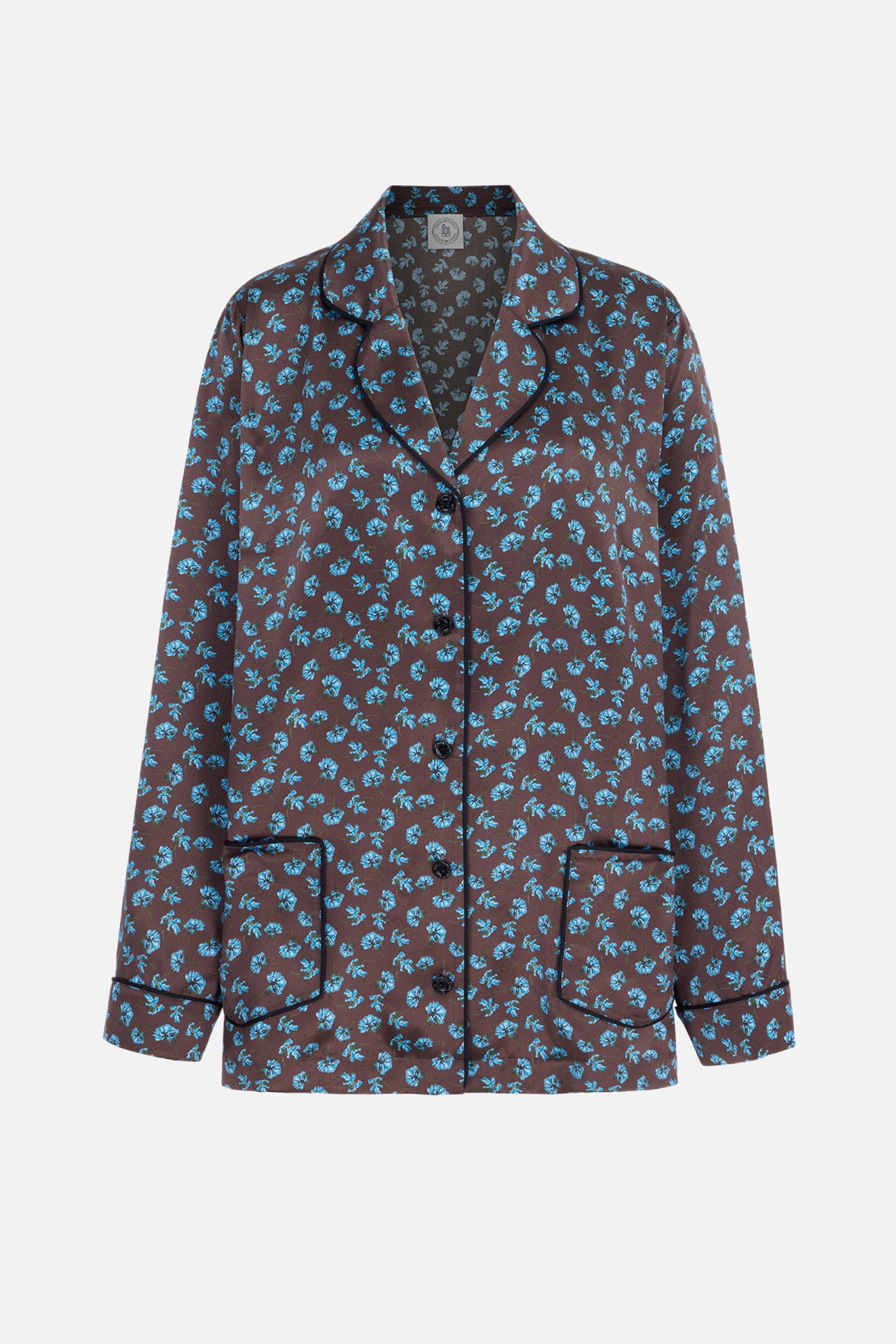 Trina Shirt In Ditsy Blue Marigold On Chocolate Silk Satin | Emilia Wickstead