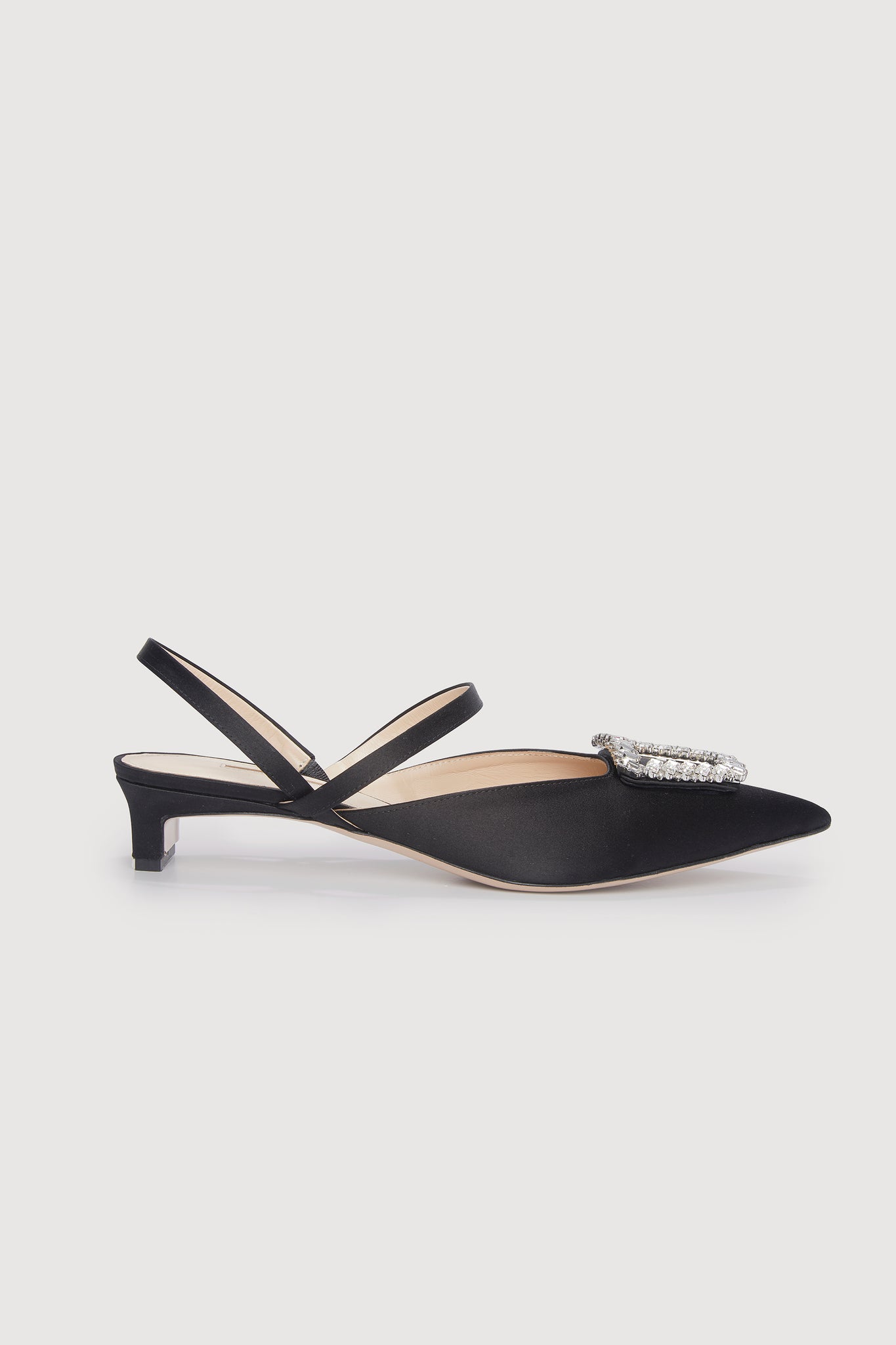 Katrina Black Satin Jewel Buckle Kitten Heel Shoes | Emilia Wickstead