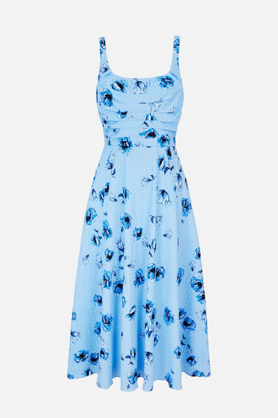 Verena Dress In Blue Poppies On Baby Pink Bibione Cotton