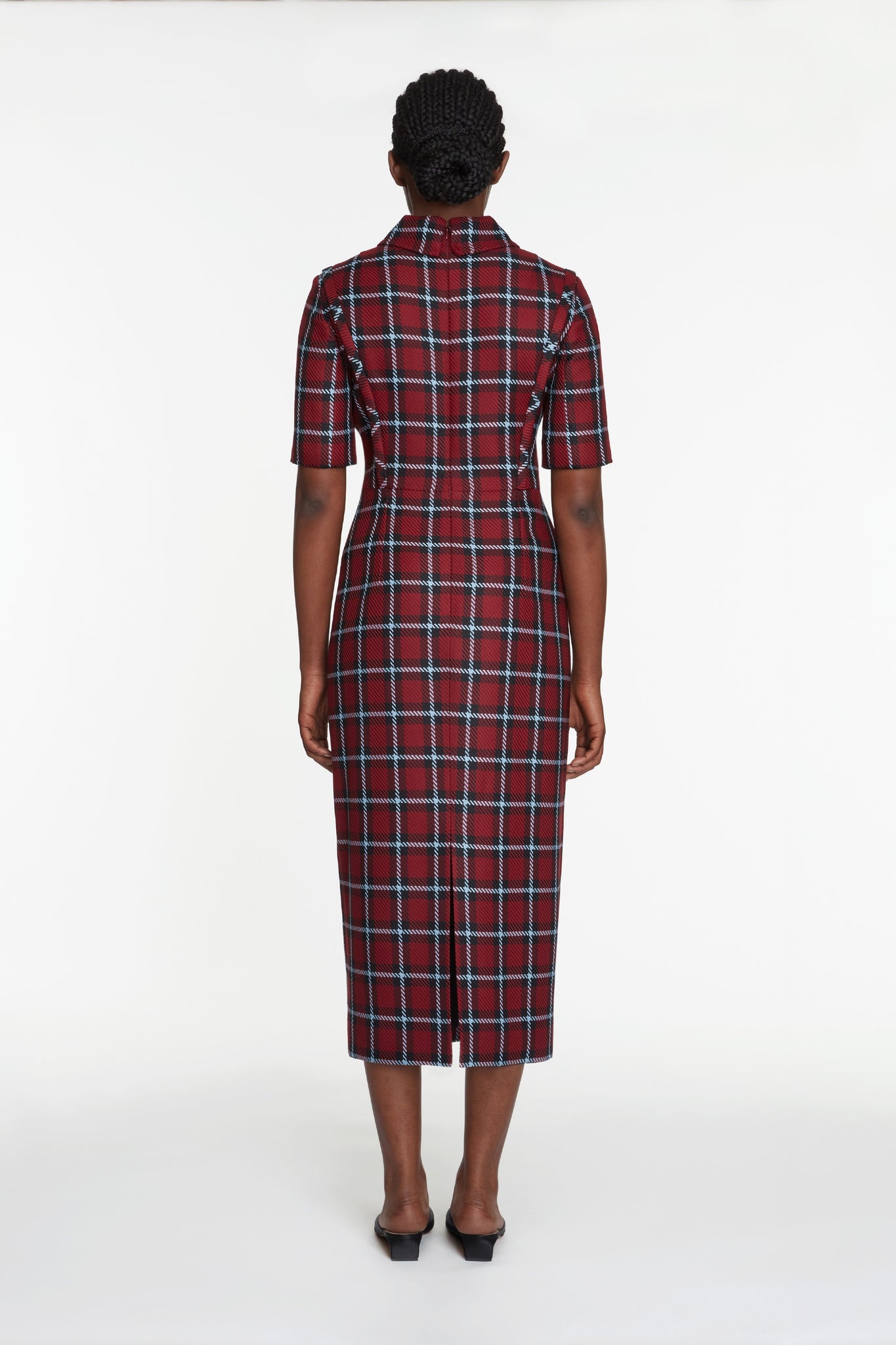 Valletta Dress In Red & Blue Tartan Merino Model Back Shot | Emilia Wickstead