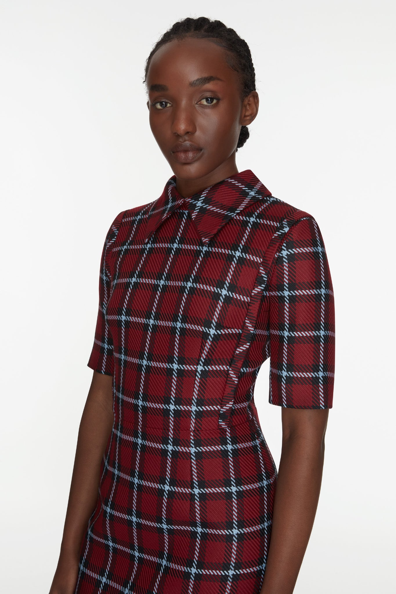 Valletta Dress In Red & Blue Tartan Merino Model Detail Shot | Emilia Wickstead