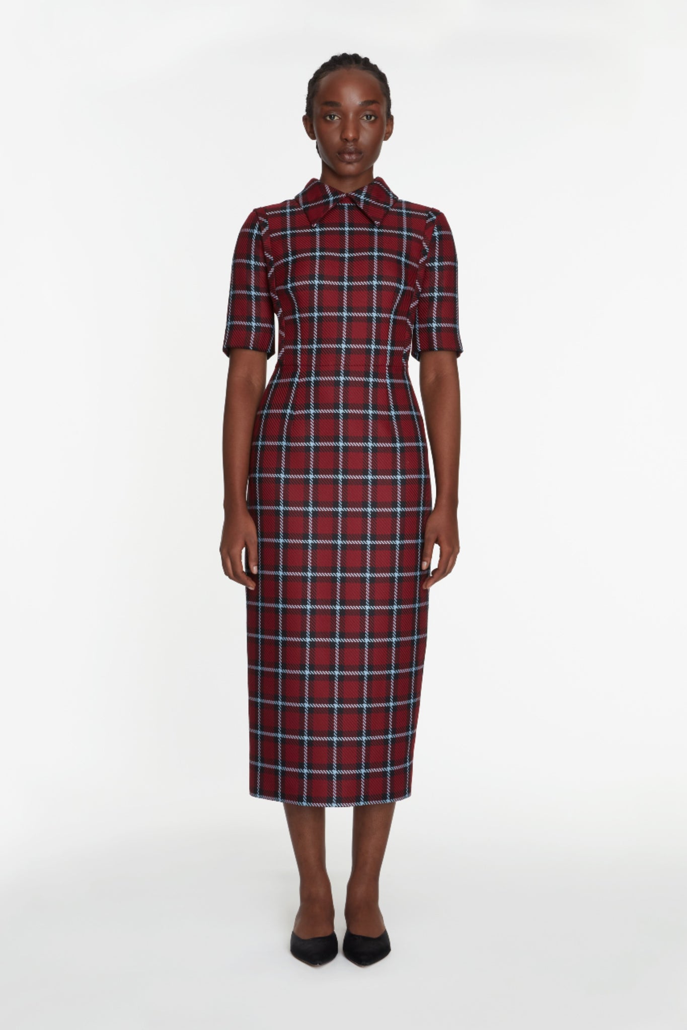 Valletta Dress In Red & Blue Tartan Merino Model Front Shot | Emilia Wickstead