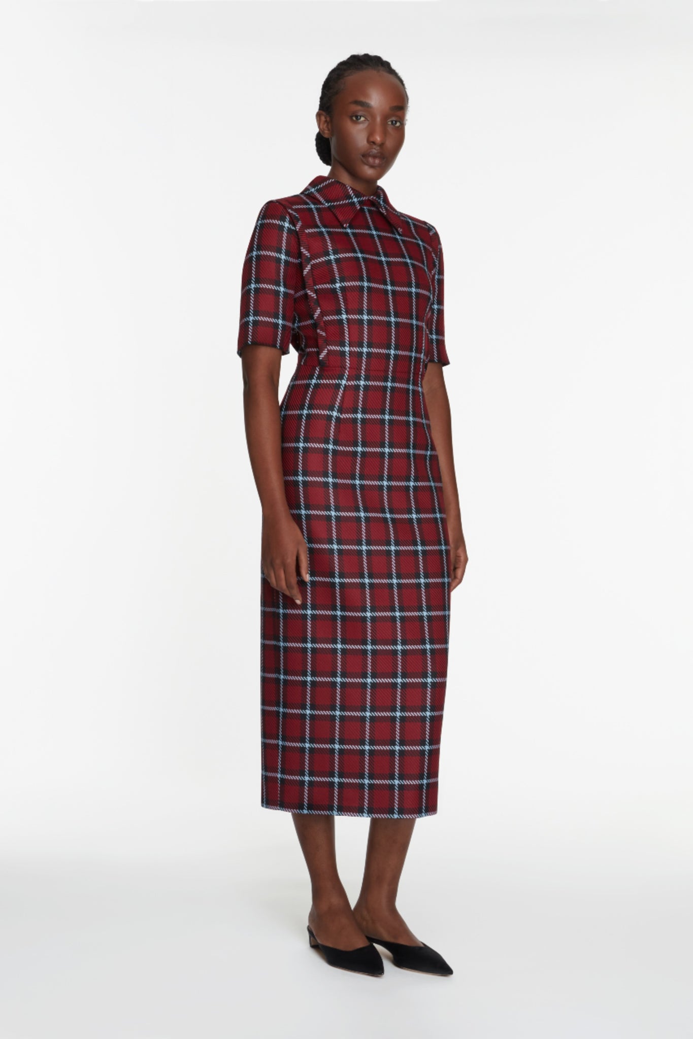 Valletta Dress In Red & Blue Tartan Merino Model Side Shot | Emilia Wickstead