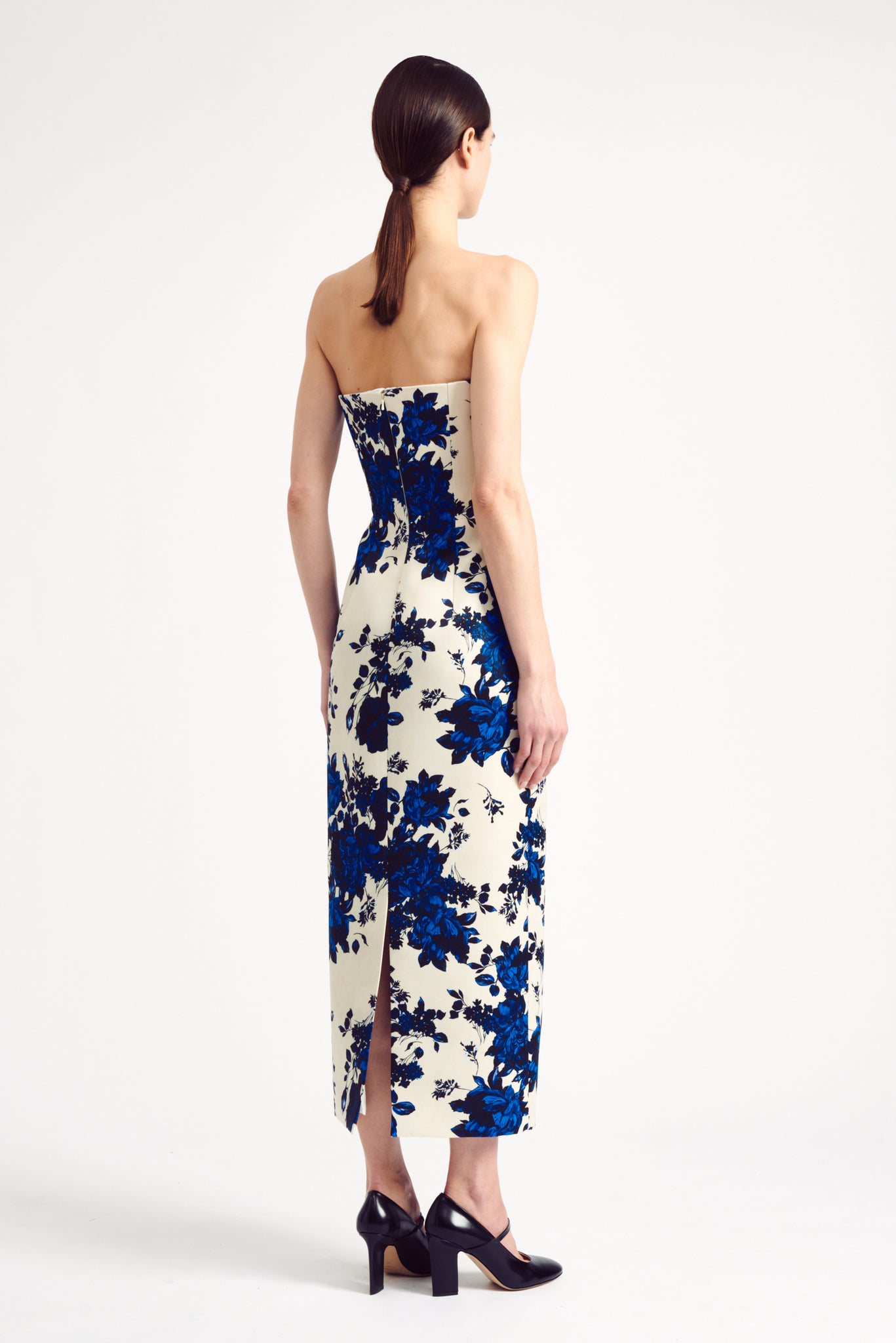 Yulie Strapless Dress in Blue Floral Printed Taffeta Faille | Emilia Wickstead