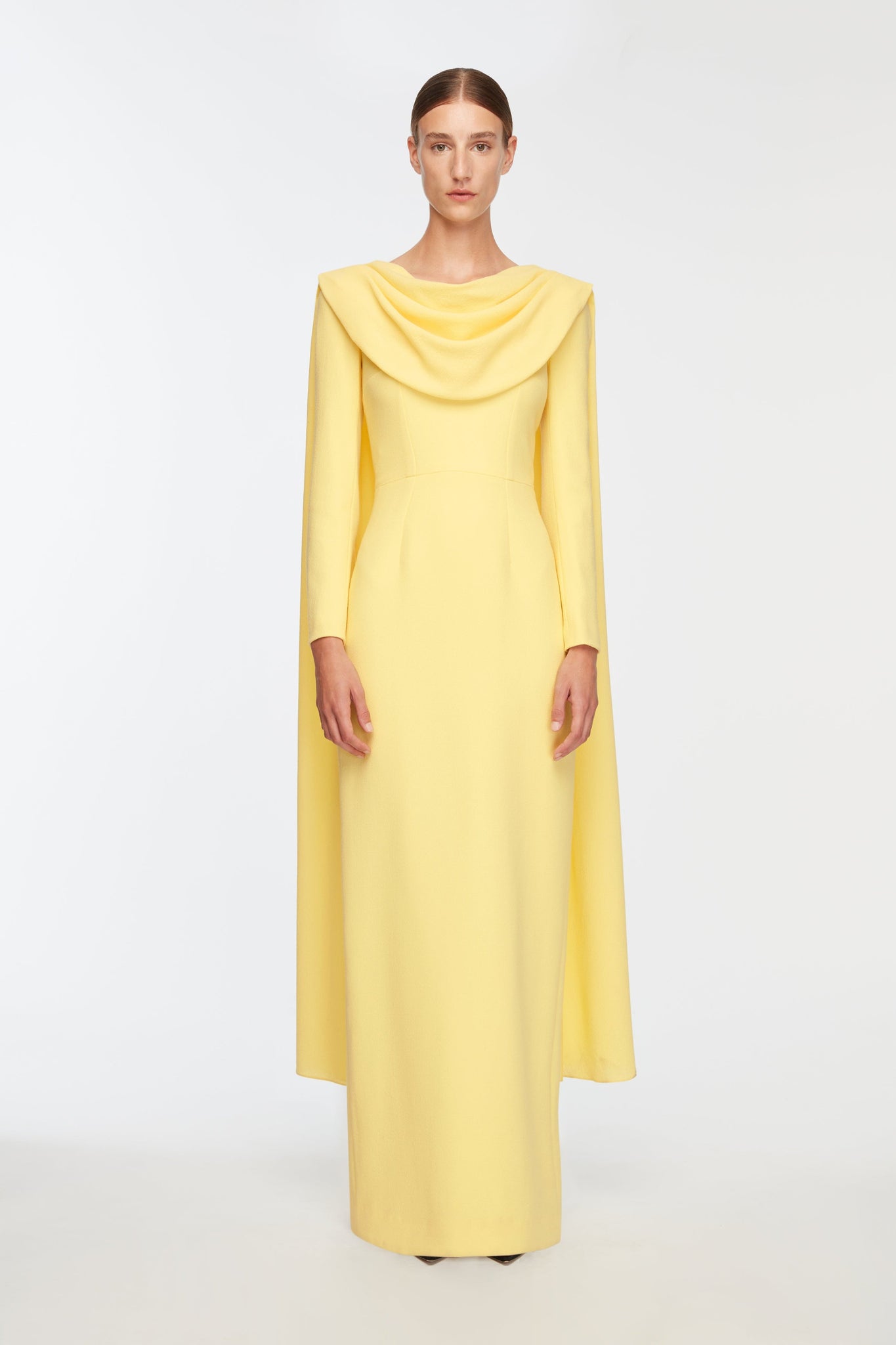 Zaira Dress In Lemon Single Wool Crepe Model Front Shot | Emilia Wickstead