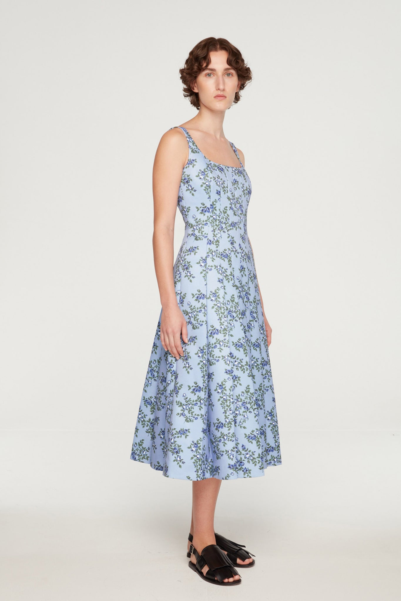 Adele Dress In Blue Roses On Baby Blue Taffeta Faille