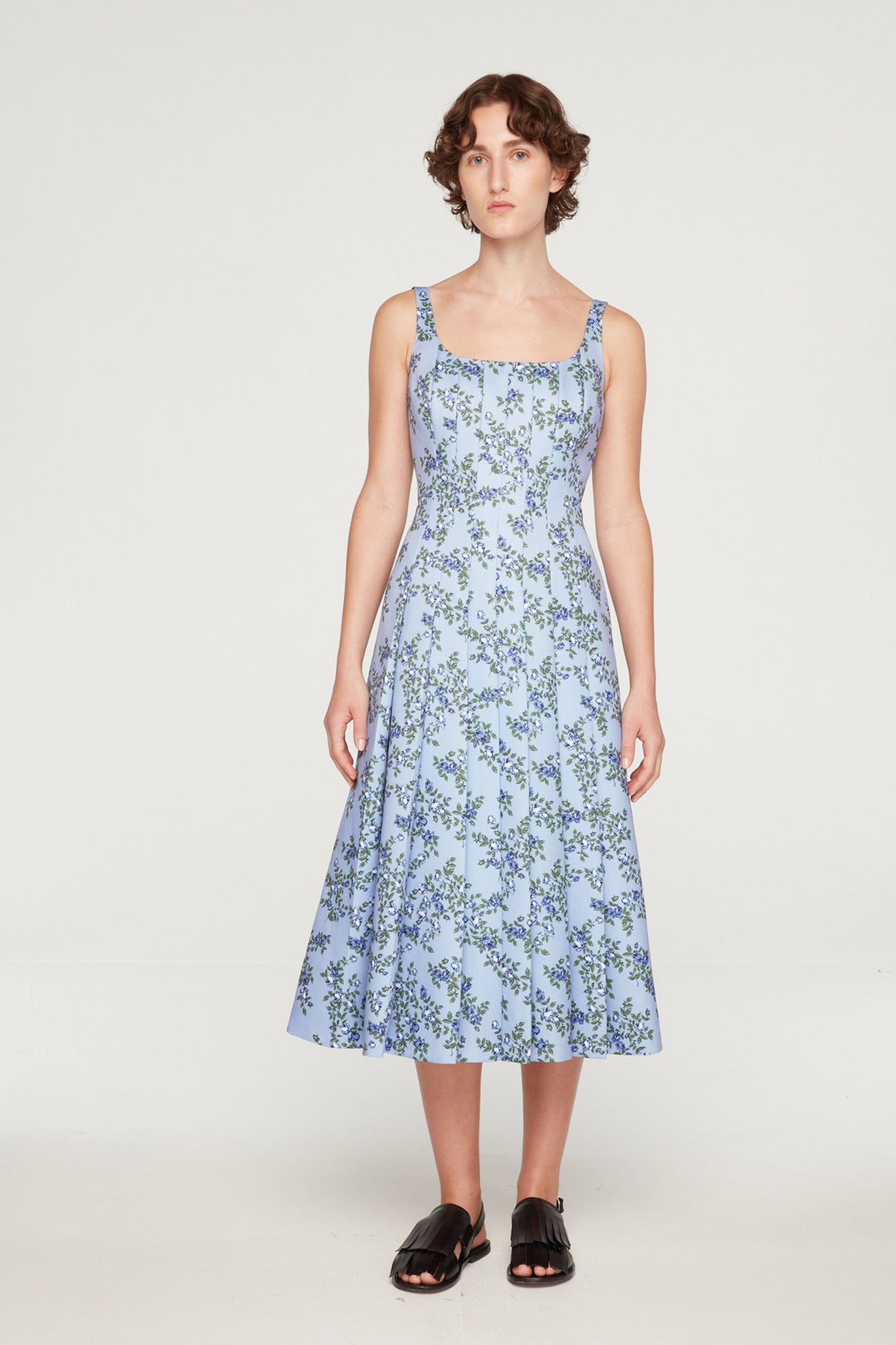 Adele Dress In Blue Roses On Baby Blue Taffeta Faille