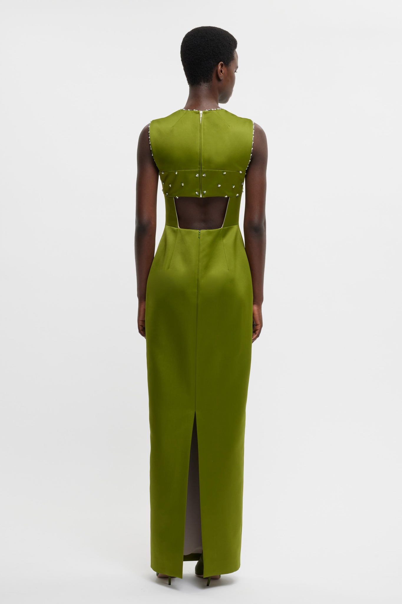 Amadine Embellished Dress In Olive Green Doppio Satin - Emilia Wickstead