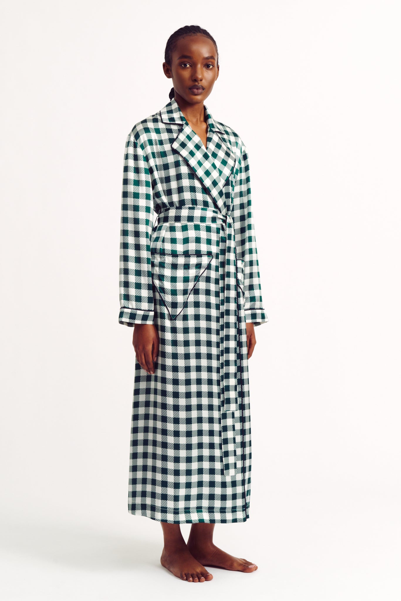 Amana Dressing Gown in Green Gingham Silk Satin