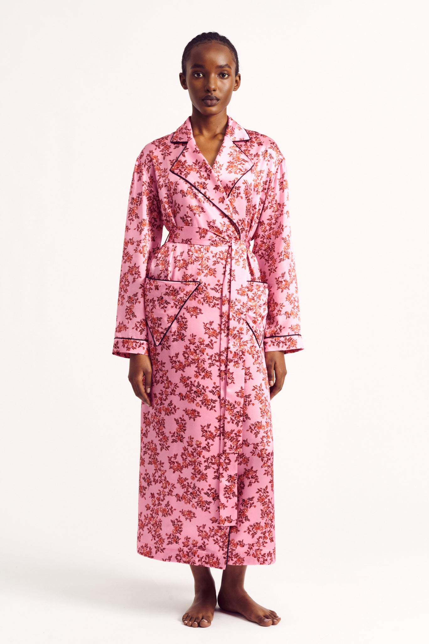 Amana Dressing Gown in Red Roses On Pink Silk Satin | Emilia Wickstead