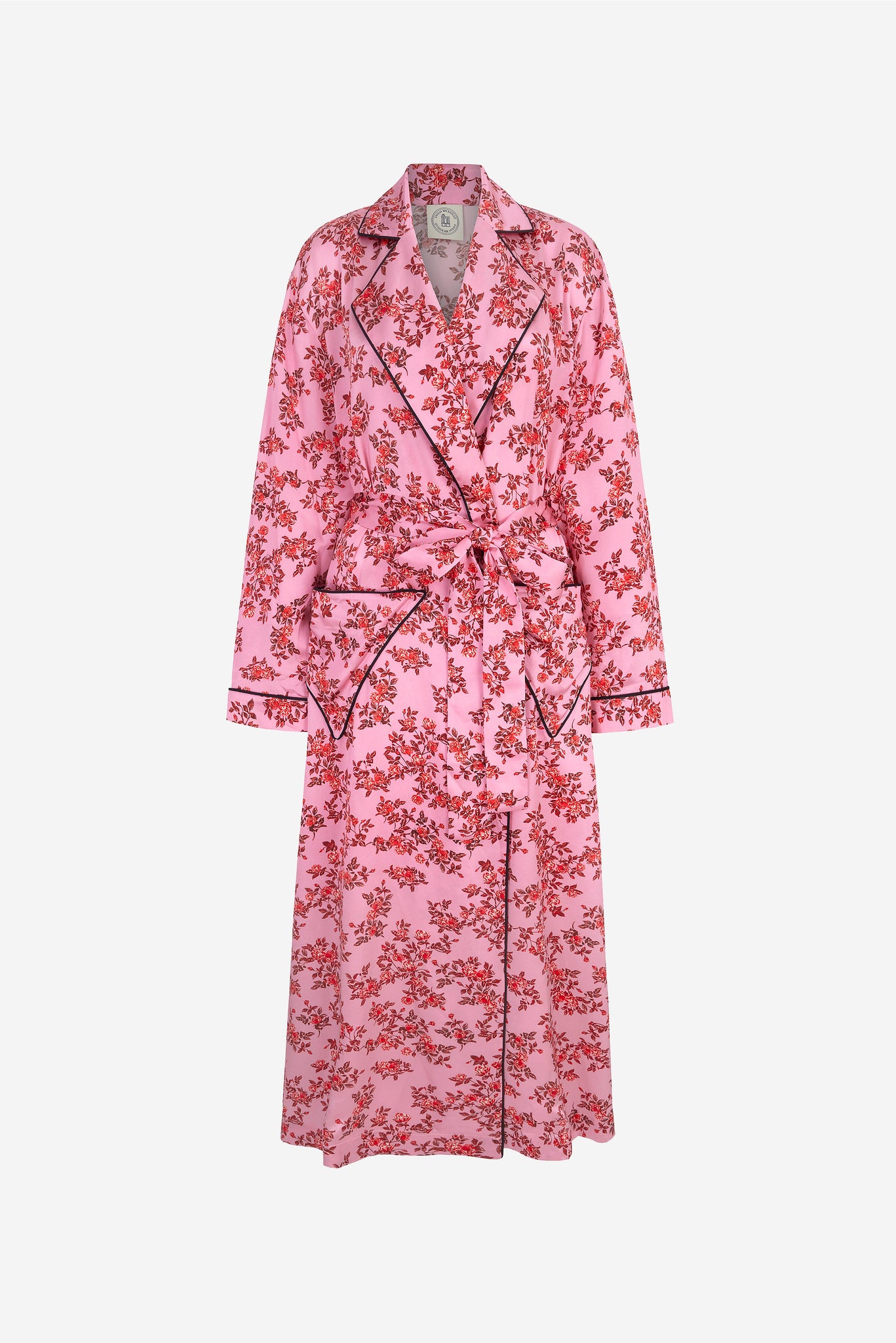 Amana Dressing Gown in Red Roses On Pink Silk Satin | Emilia Wickstead