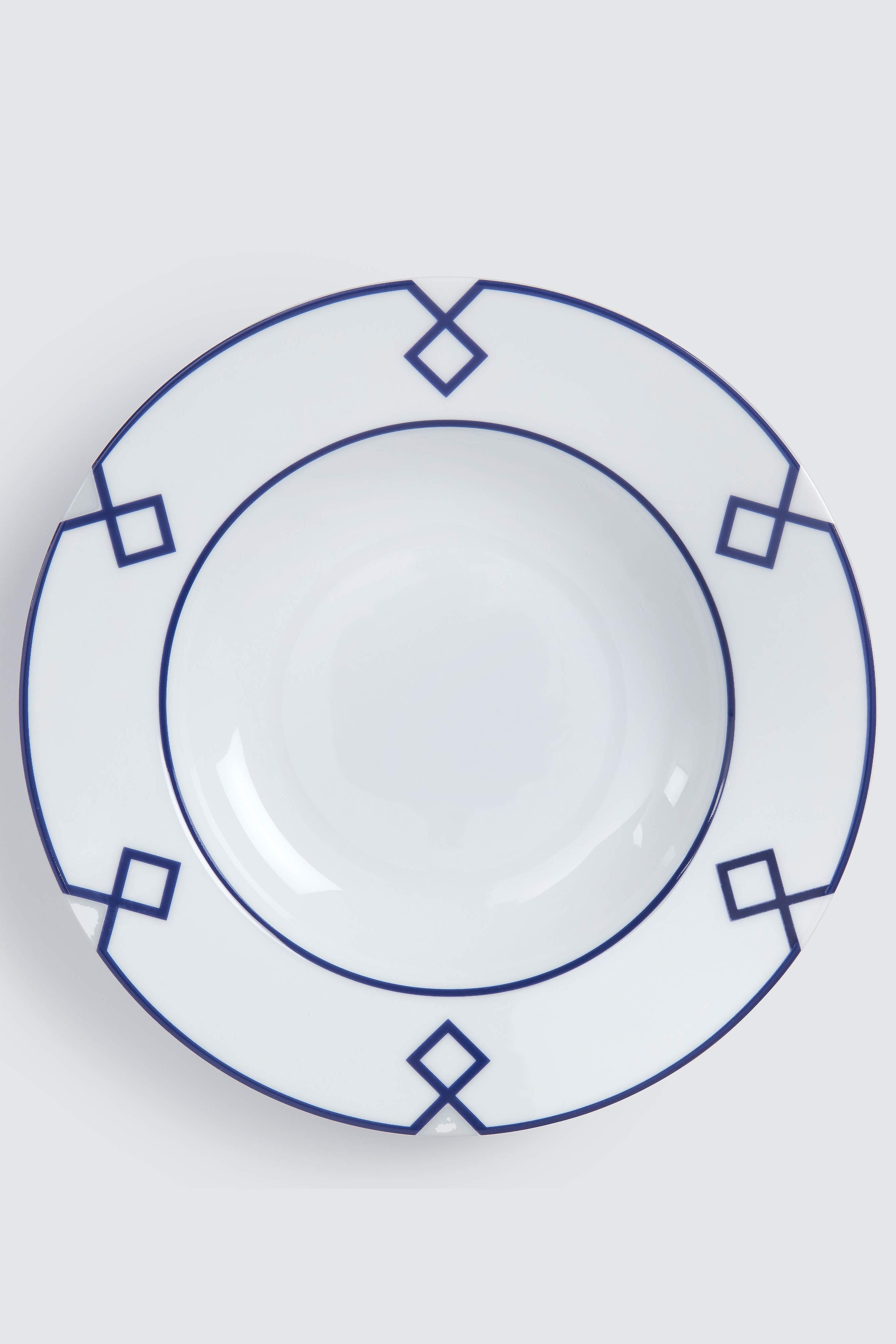 Naples Round Hollow Dish with Navy Geometric Border