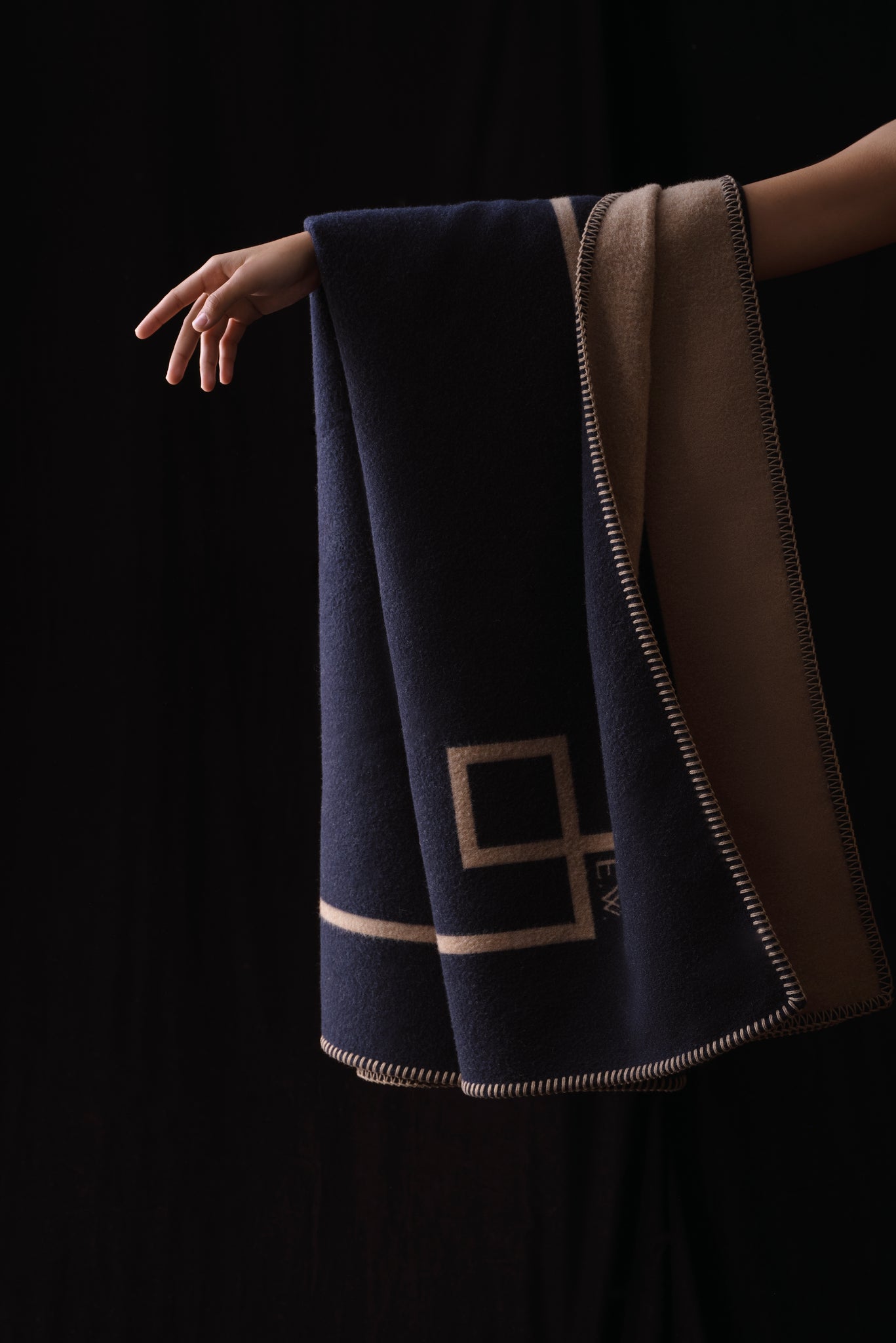Roma Geometric Detail Blanket in Camel & Navy Wool | Emilia Wickstead