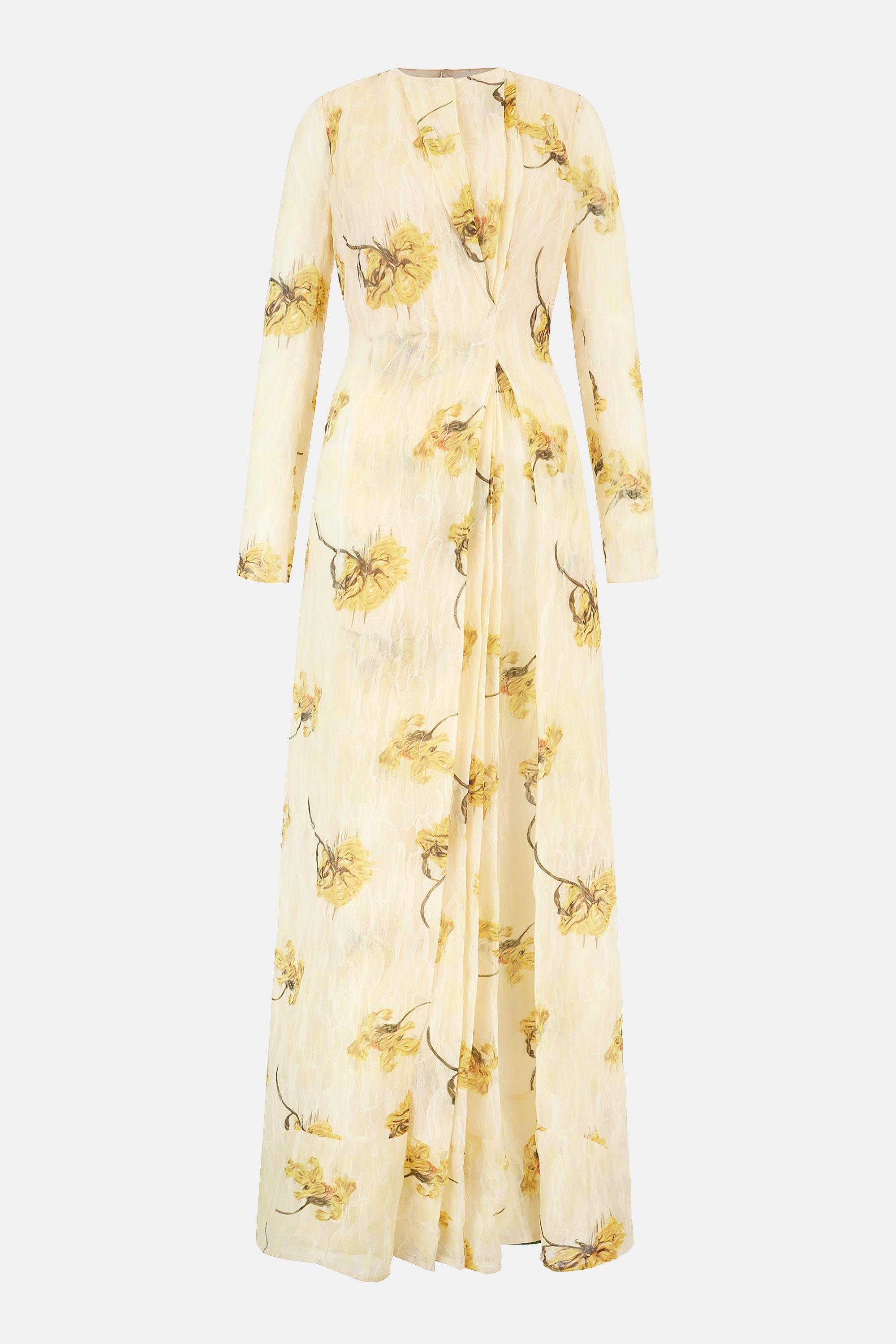 Desiderio Dress In Yellow Floral Printed On Lemon Textured Organza