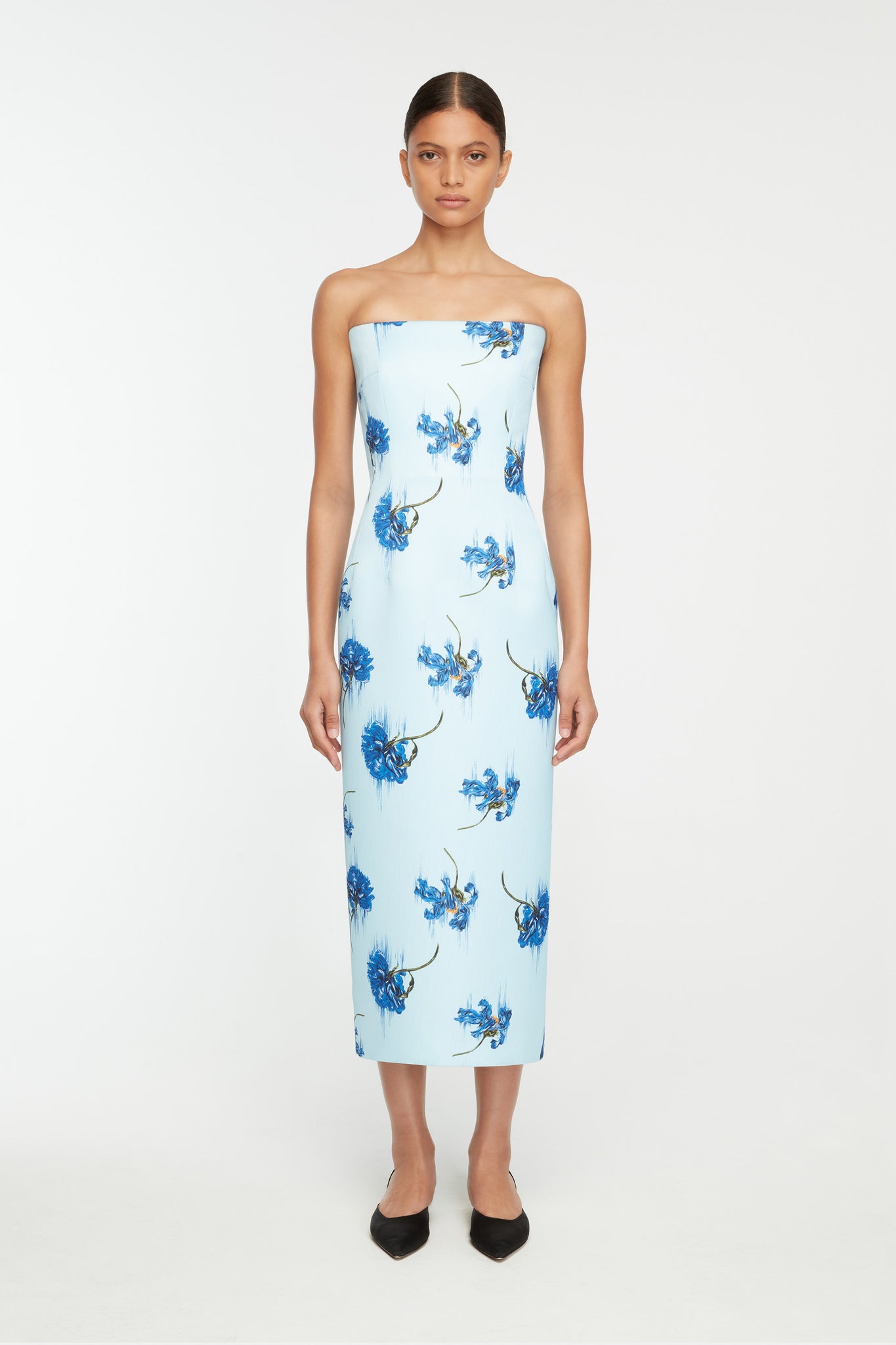 duck egg blue dress Duck Egg Floral Print Puff Sleeve Gathered Side Midi Dress 12
