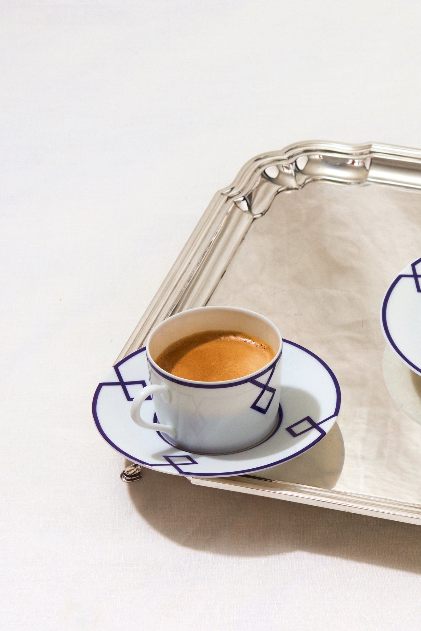 Naples Espresso Cup and Saucer Set with Navy Geometric Border