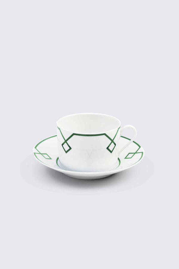 Naples Espresso Cup and Saucer Set with Green Geometric Border — Bridal Registry