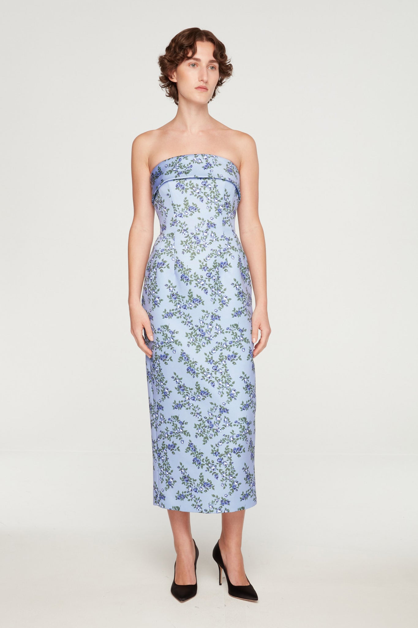 Keeley Dress In Blue Roses On Baby Blue Taffeta Faille