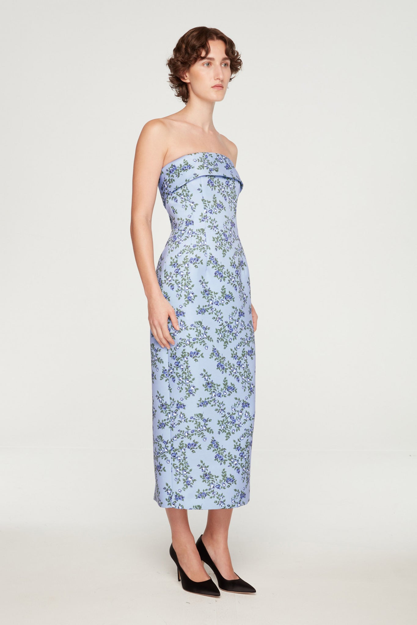 Keeley Dress In Blue Roses On Baby Blue Taffeta Faille