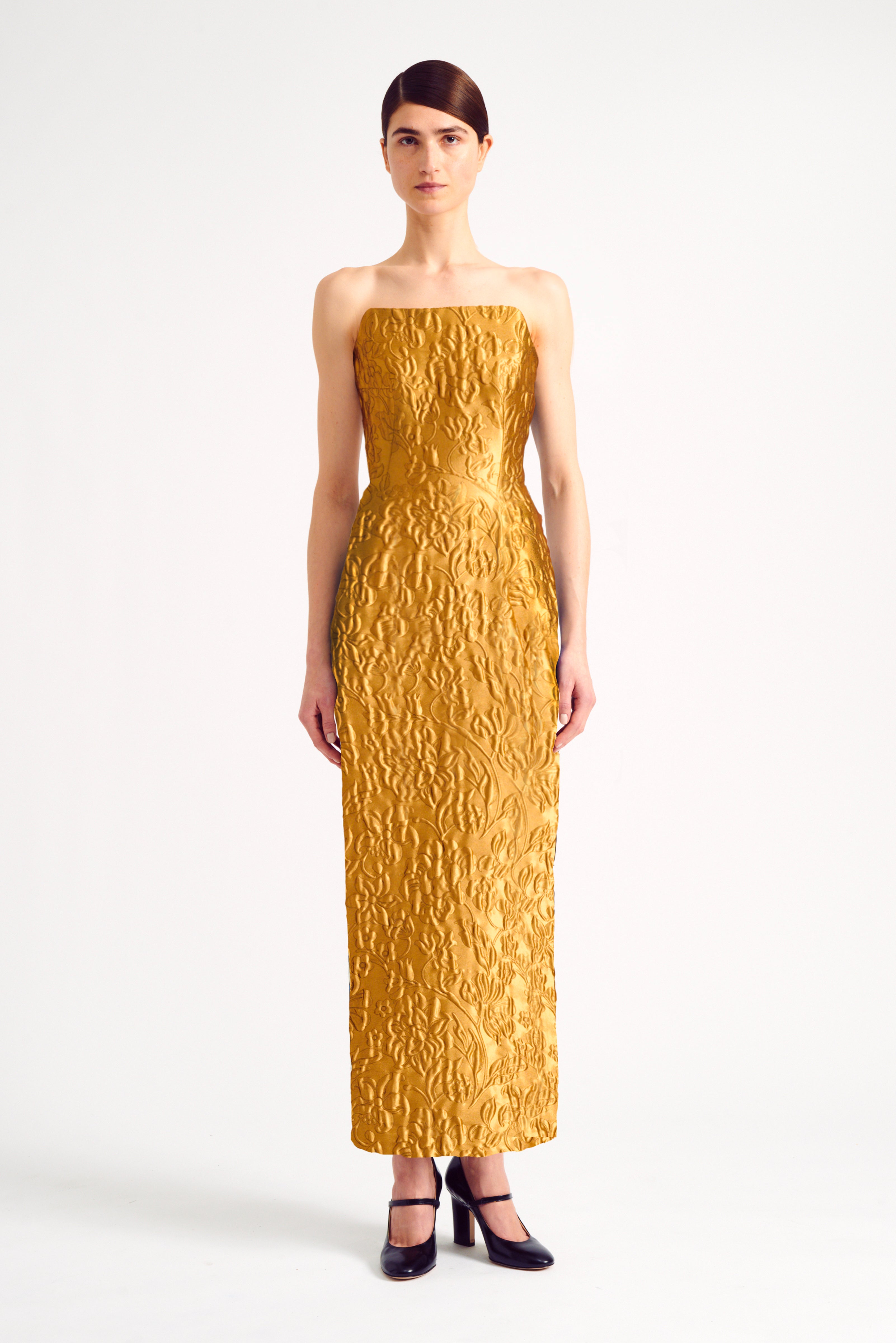 Laelia Strapless Dress in Gold Metallic Jacquard | Emilia Wickstead