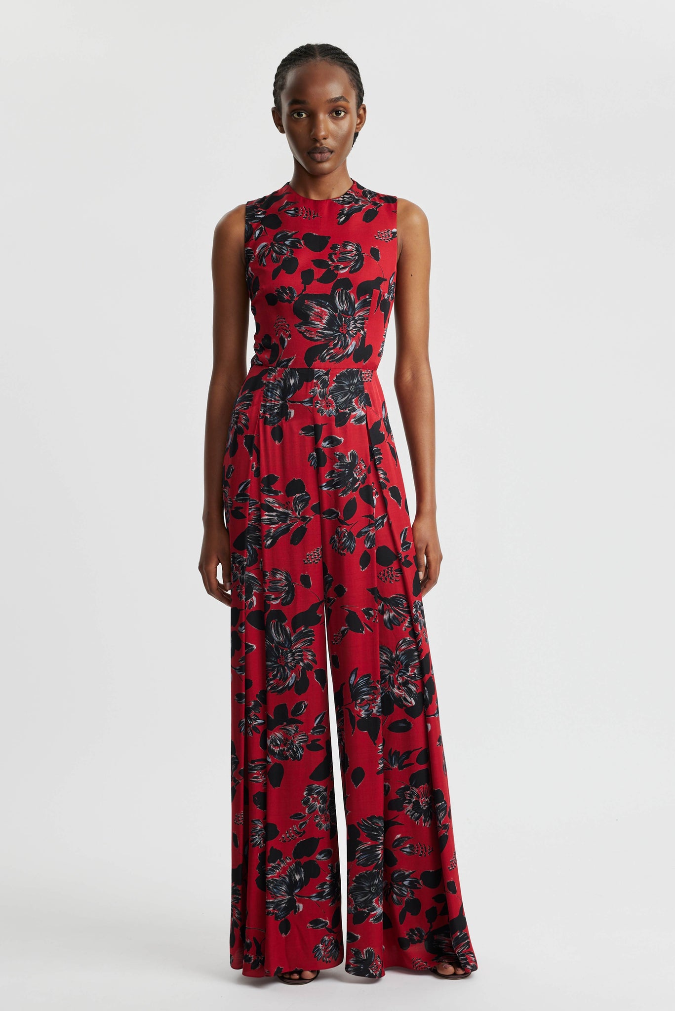 Madhuri Jumpsuit In Black Floral On Red Printed Twill | Emilia Wickstead