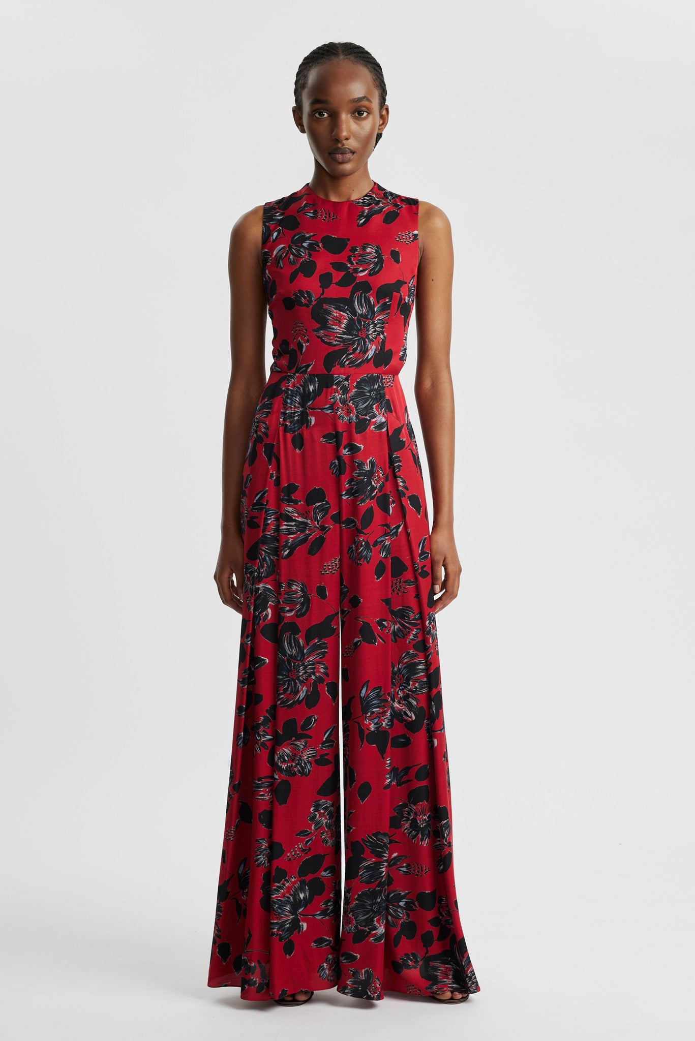 Madhuri Jumpsuit In Black Floral On Red Printed Twill | Emilia Wickstead