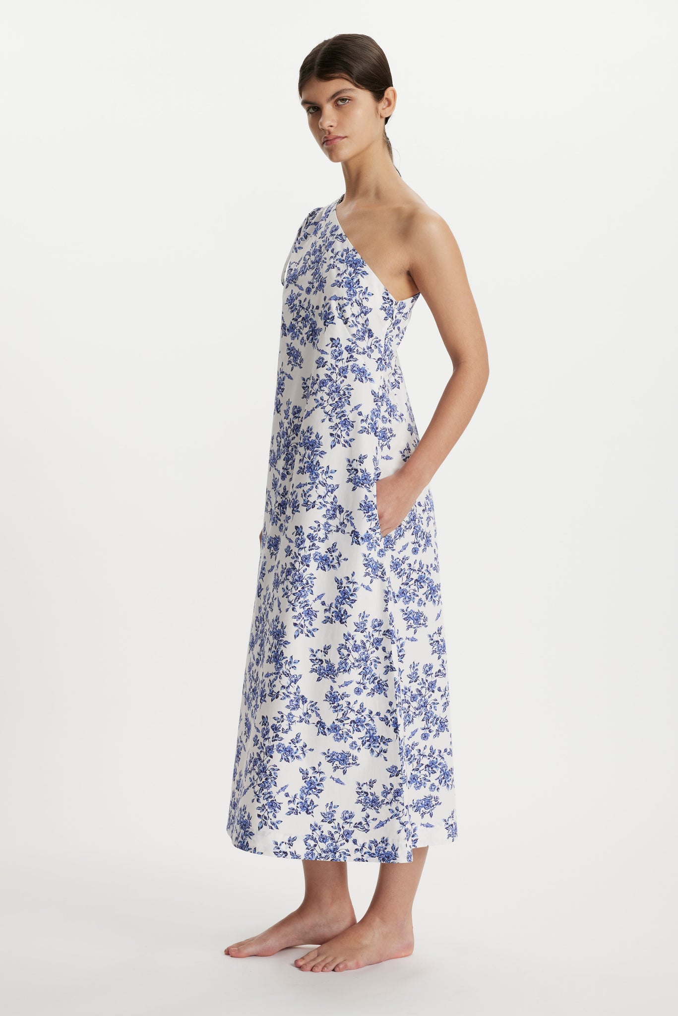 Solace Single Shoulder Dress in Blue Floral Print Cotton | Emilia Wickstead X Passalacqua