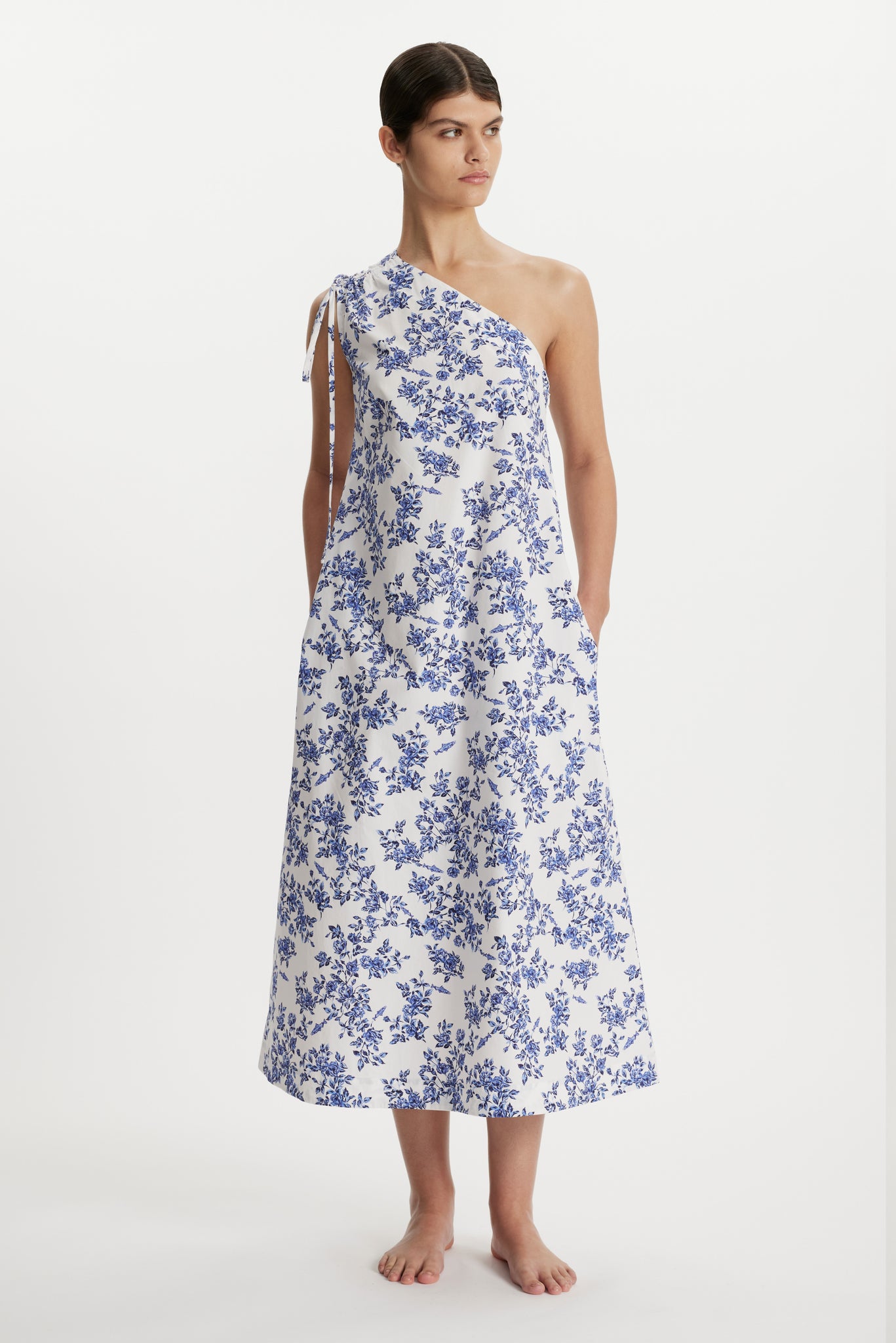 Solace Single Shoulder Dress in Blue Floral Print Cotton | Emilia Wickstead X Passalacqua