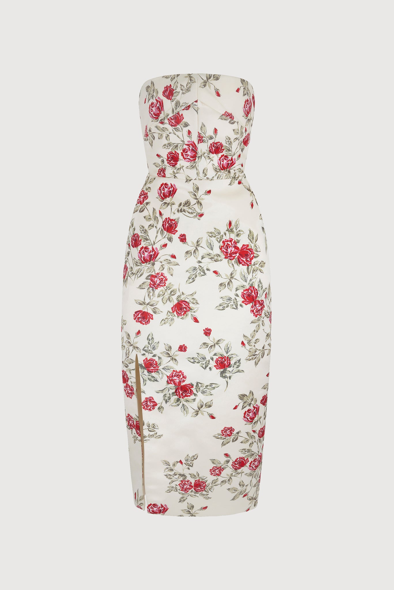 Pola Red Floral Printed Italian Duchess Satin Strapless Dress | Emilia Wickstead