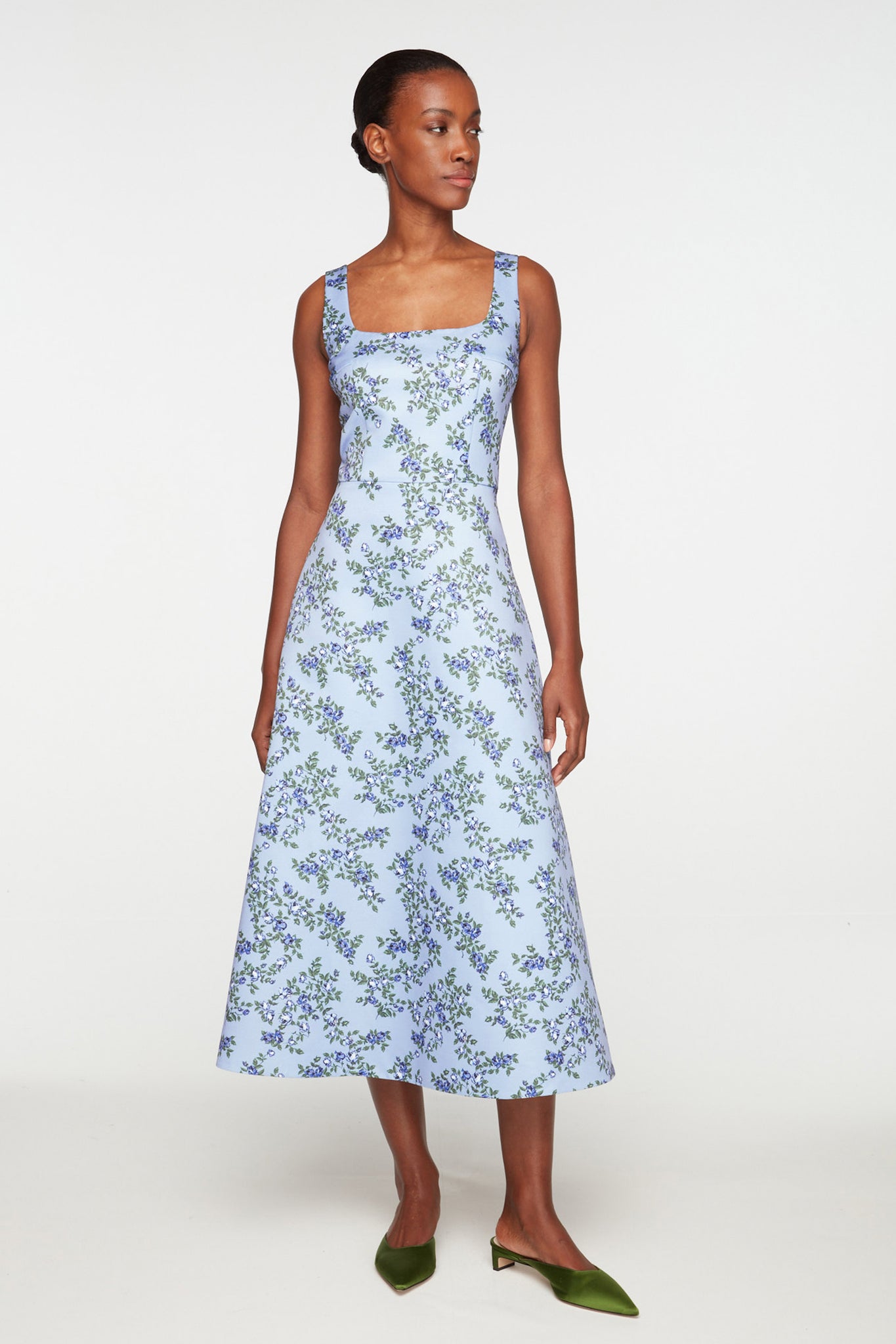 Shiloh Dress In Blue Roses On Baby Blue Taffeta Faille