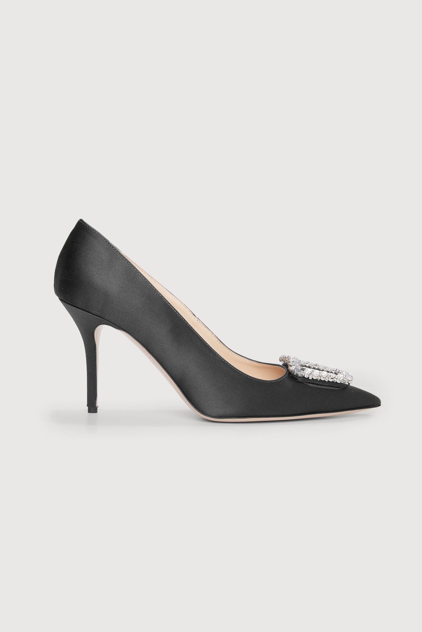 Sophia Jewel Buckle Heeled Shoes in Black Satin