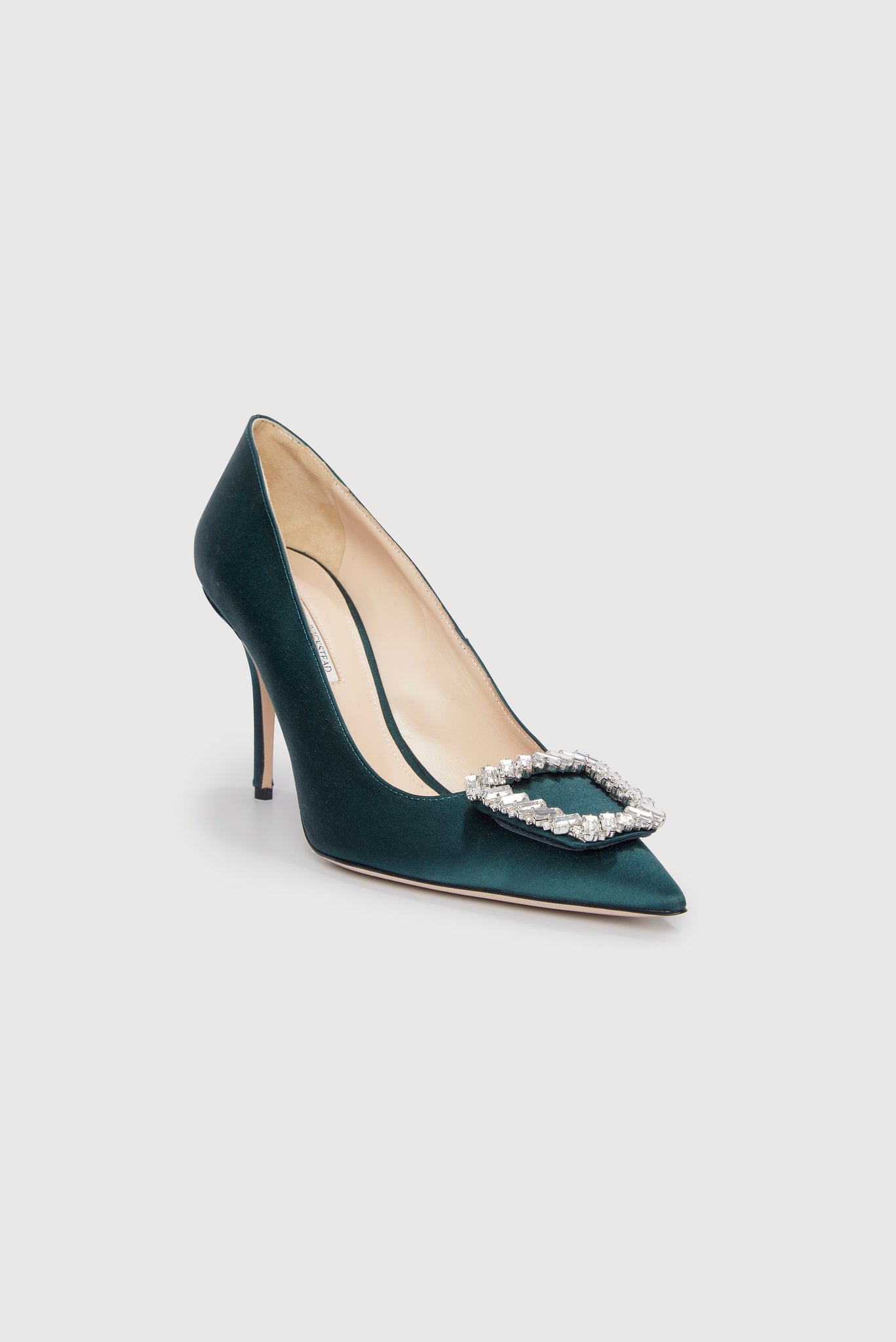 Sophia Jewel Buckle Heeled Shoes in Emerald Satin