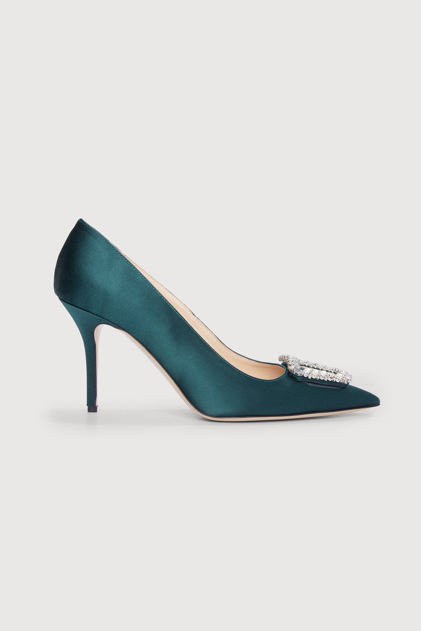 Sophia Jewel Buckle Heeled Shoes in Emerald Satin
