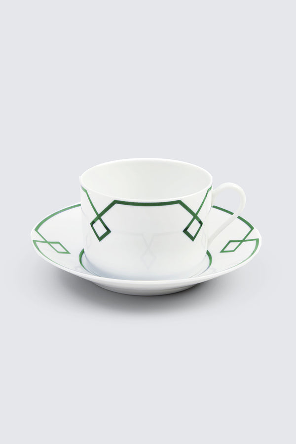 Naples Tea Cup and Saucer with Green Geometric Border — Bridal Registry