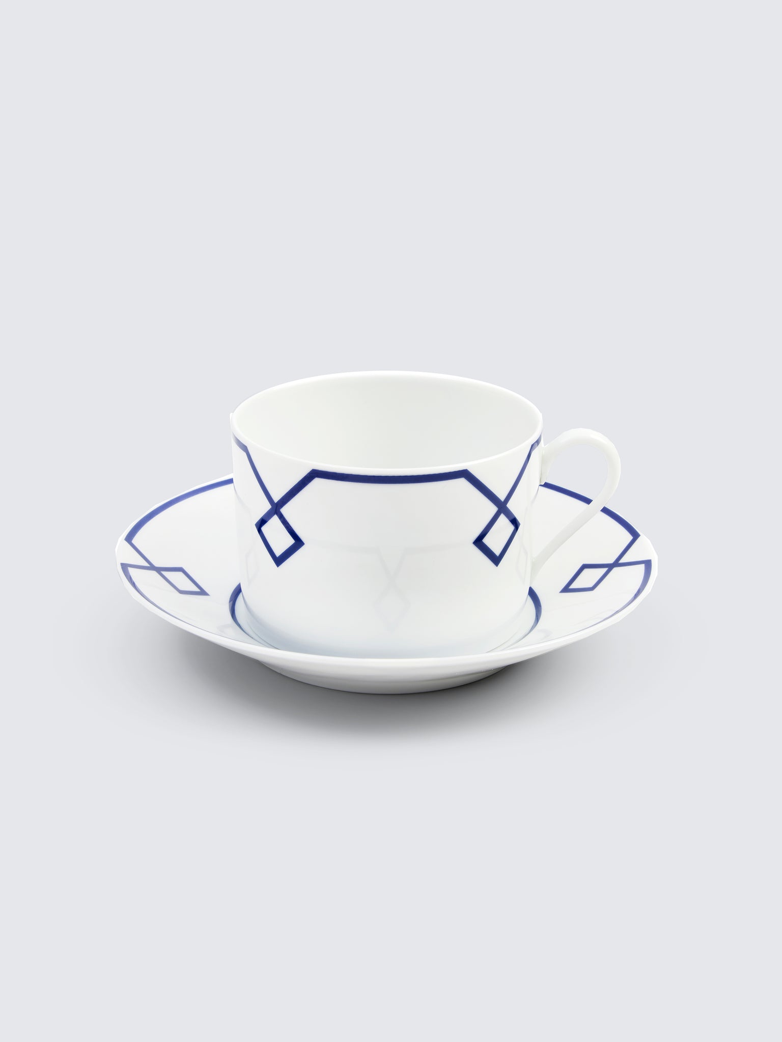 Naples Tea Cup and Saucer with Navy Geometric Border