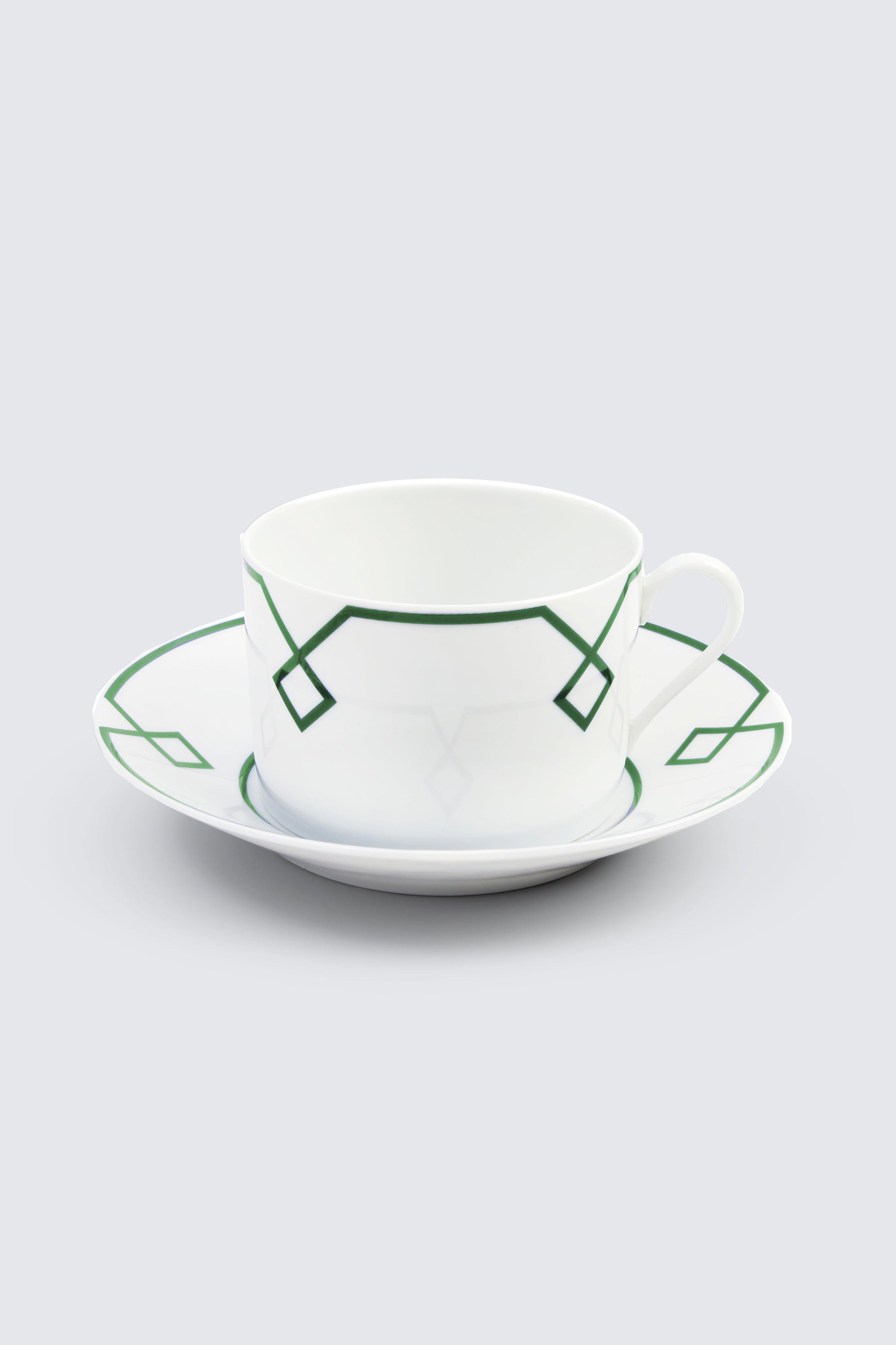 Naples Tea Cup and Saucer with Green Geometric Border