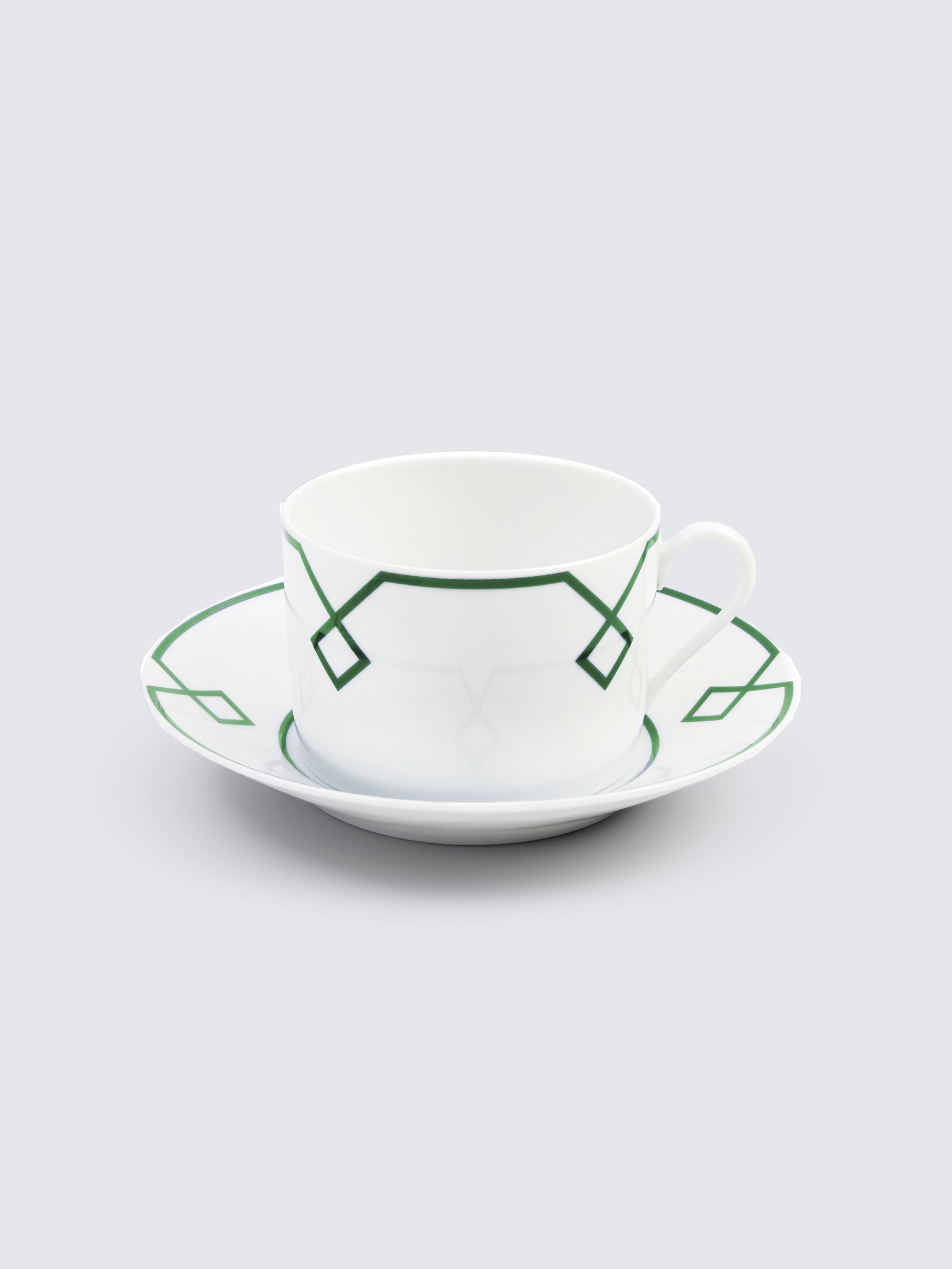 Naples Tea Cup and Saucer with Green Geometric Border