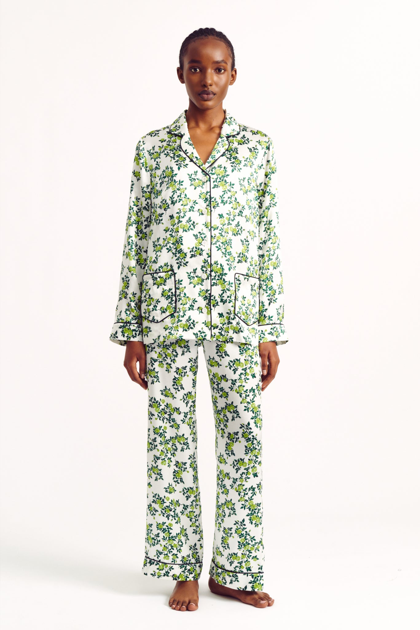 Trina Pyjama Blouse in Chartreuse Roses On Ivory Silk Satin