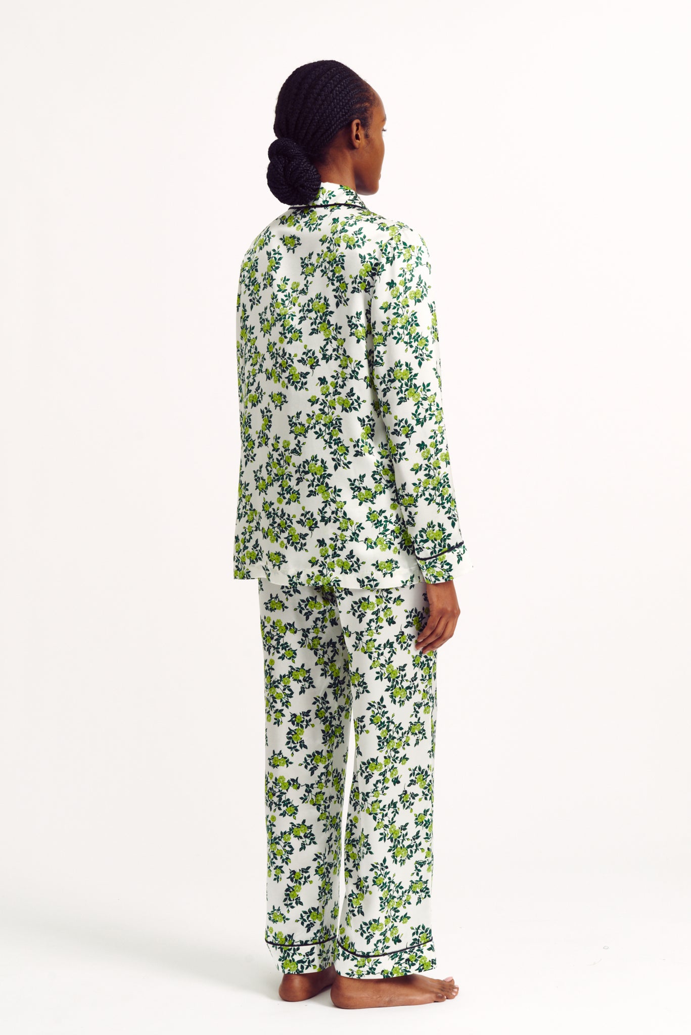 Trina Pyjama Blouse in Chartreuse Roses On Ivory Silk Satin