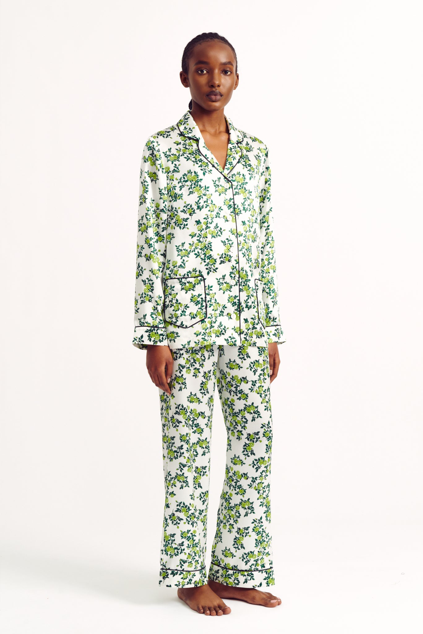 Trina Pyjama Blouse in Chartreuse Roses On Ivory Silk Satin | Emilia Wickstead