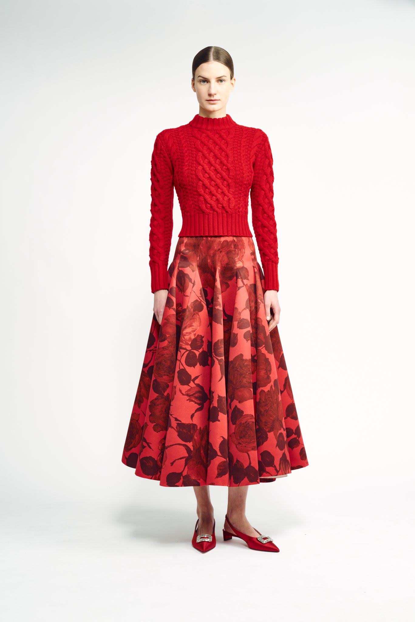 Vonda Skirt | Red Rose Printed Full Midi Skirt | Emilia Wickstead