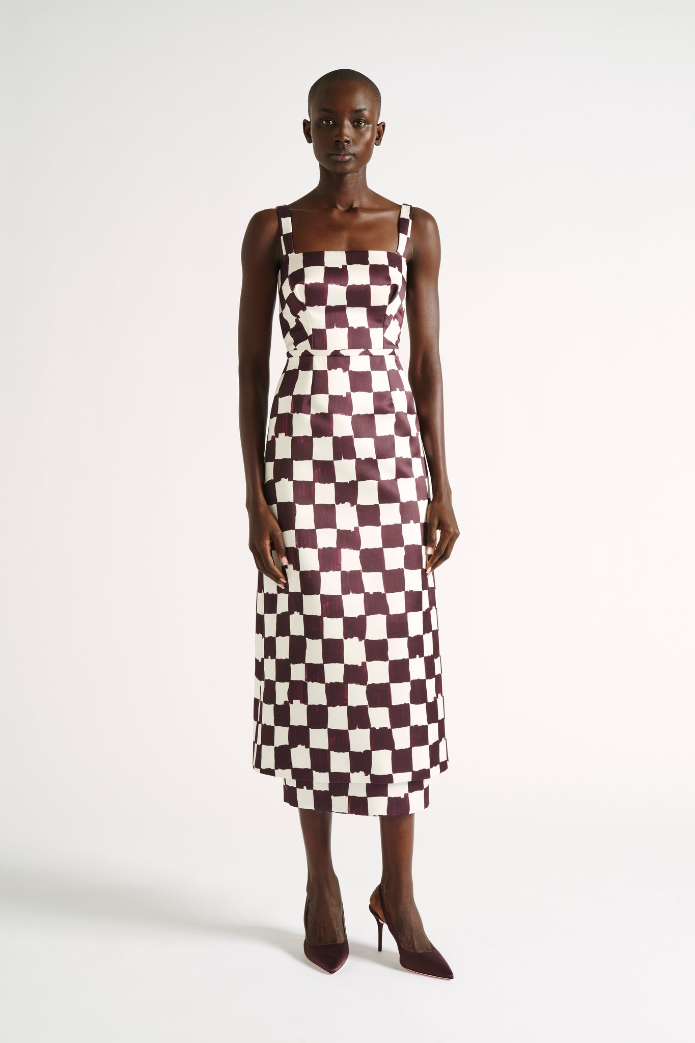 Ginny Dress | Ivory & Chocolate Painterly Checkboard Square Print Midi Pencil Dress | Emilia Wickstead