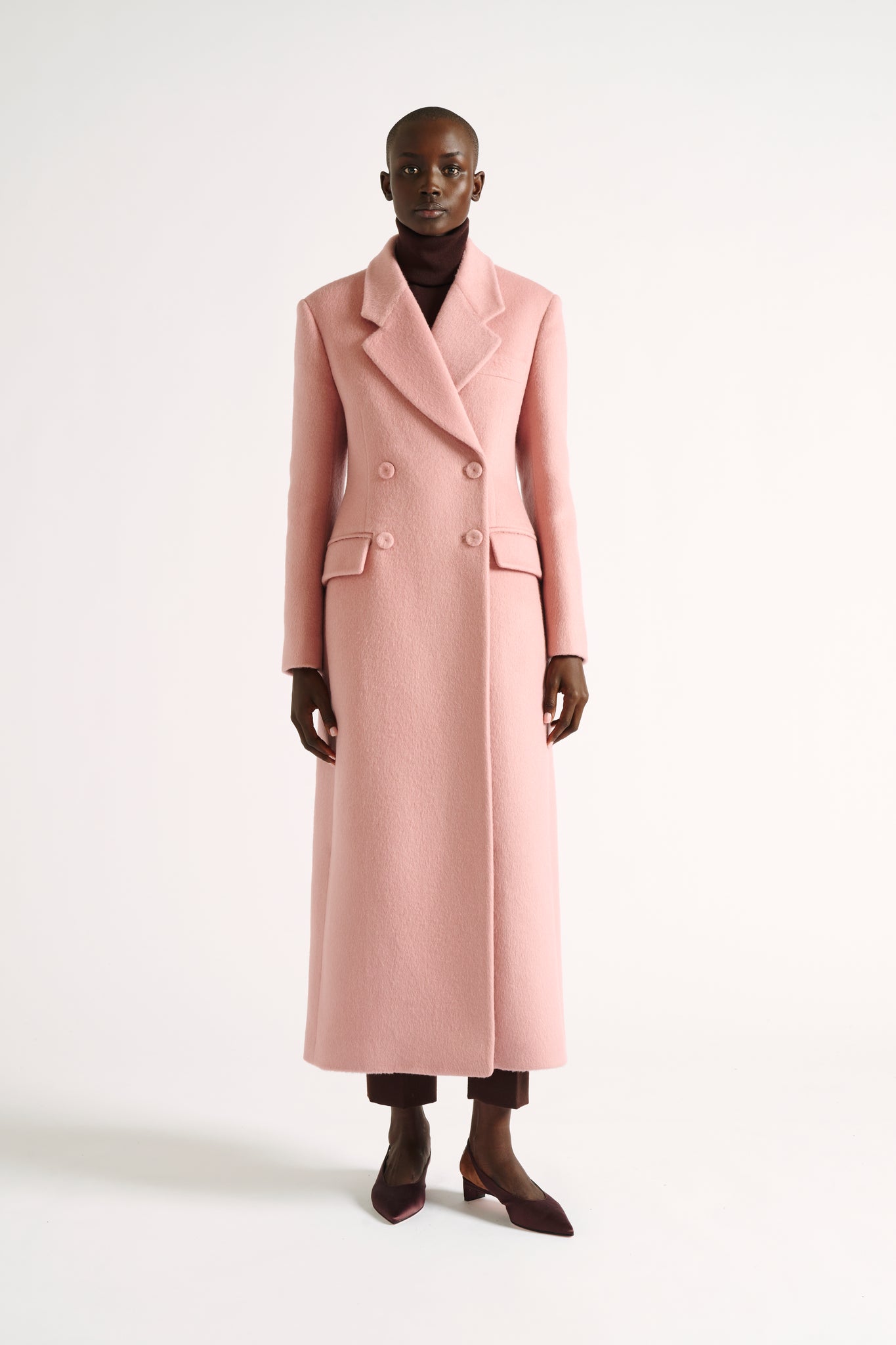 Madalyn Coat | Pink Double Breasted Long Coat in Brushed Mohair | Emilia Wickstead