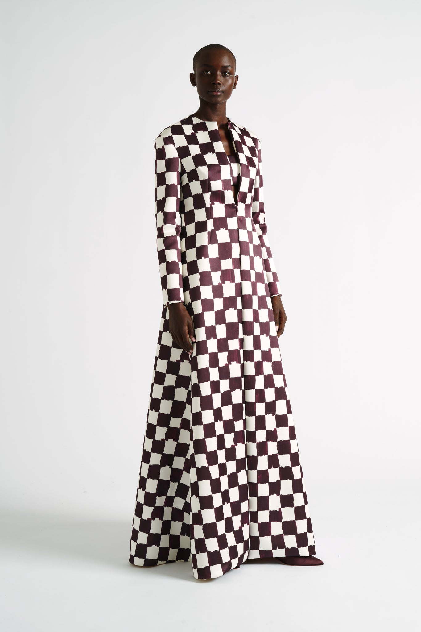 Cheryl Coat| Floor Length Chocolate & Ivory Checkerboard Print Coat | Emilia Wickstead