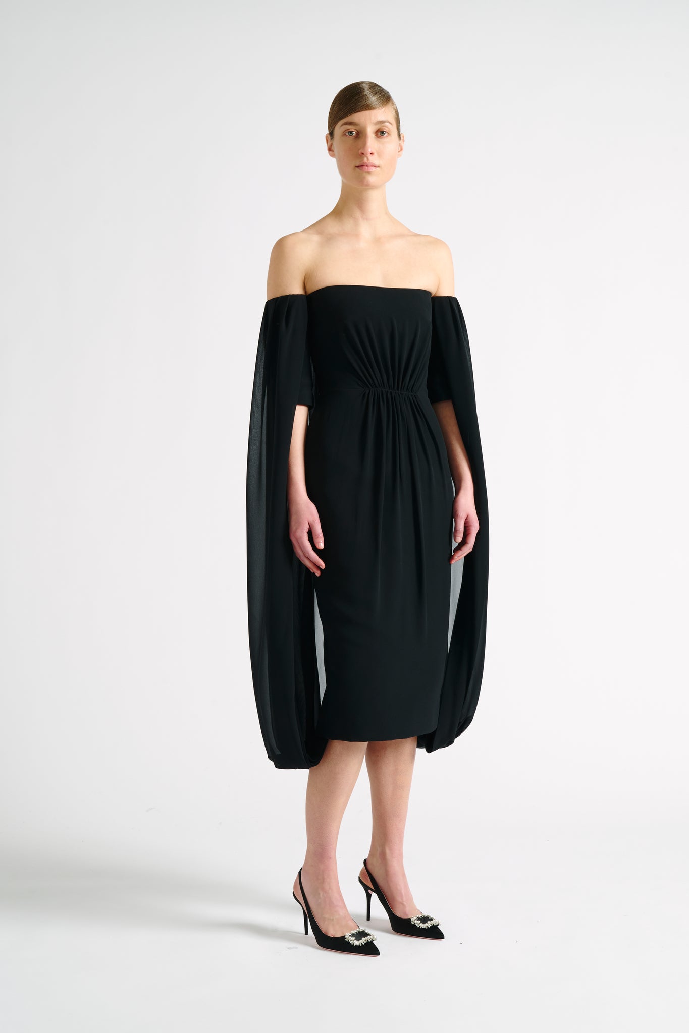Mere Dress | Black Off-The-Shoulder Caped Back Cocktail Dress | Emilia Wickstead