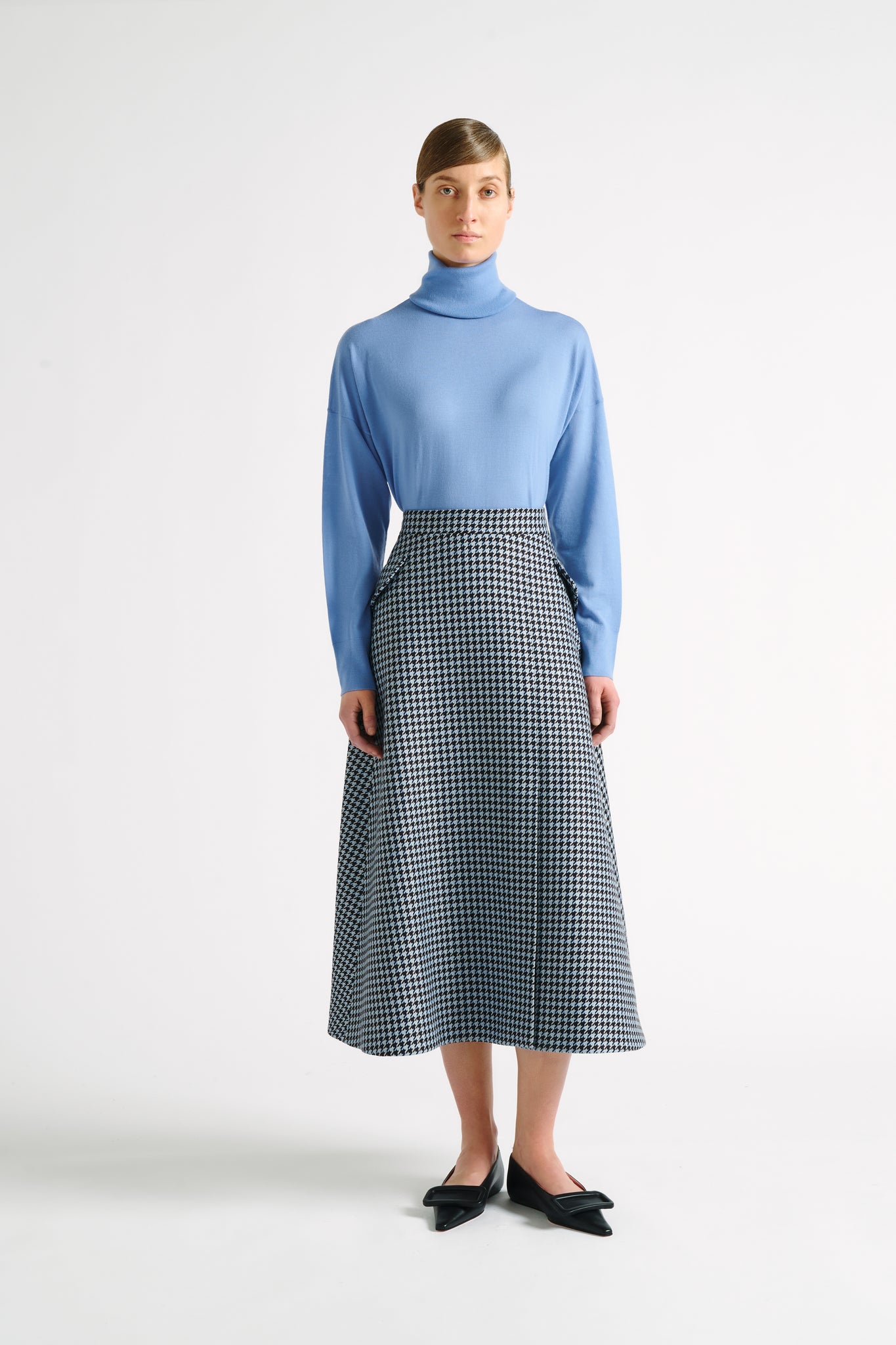 Tori Skirt| Blue Houndstooth Merino Wool Wrap Skirt | Emilia Wickstead