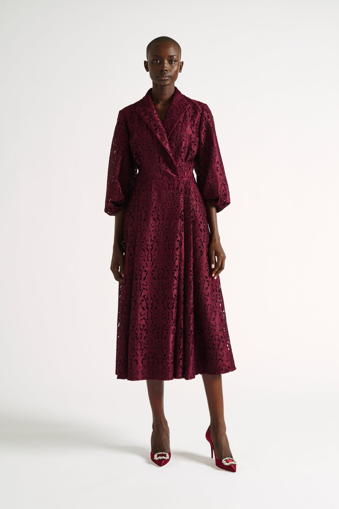Goldie Dress | Burgundy Guipure Lace Long Sleeve Coat Dress